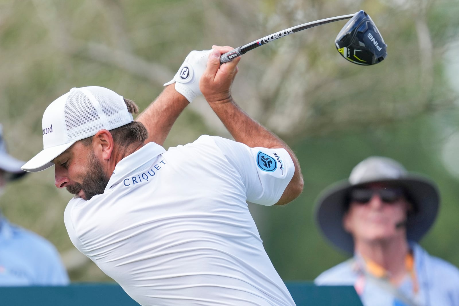 Stephan Jaeger, of Germany, tees off on the second hole during the third round of the Mexico Open golf tournament in Puerto Vallarta, Mexico, Saturday, Feb. 22, 2025. (AP Photo/Fernando Llano)