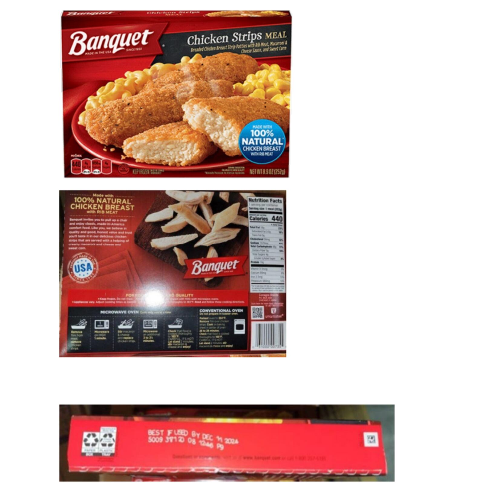 Conagra Brands, Inc. has issued a nationwide recall of 245,366 pounds of frozen chicken strips entree products that may be contaminated with plastic as of Saturday, the  U.S. Department of Agriculture's Food Safety and Inspection Service (FSIS) said.

Photo Credit: FSIS