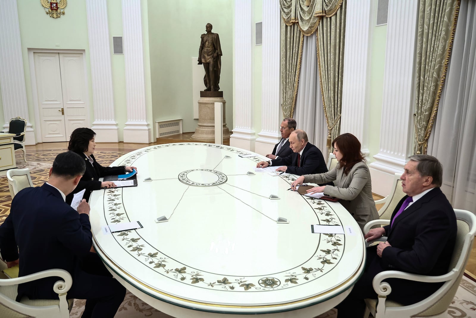 Russian President Vladimir Putin, third right, and North Korean Foreign Minister Choe Son Hui, second left, attend talks at the Kremlin in Moscow, Russia, Monday, Nov. 4, 2024. (Mikhail Tereshchenko, Sputnik, Kremlin Pool Photo via AP)