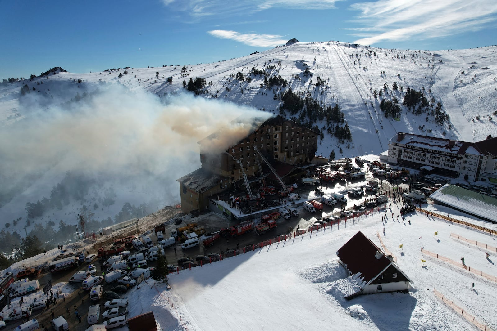 Firefighters work to extinguish a fire in a hotel at a ski resort of Kartalkaya, located in Bolu province, in northwest Turkey, Tuesday, Jan. 21, 2025. (Enes Ozkan/IHA via AP)