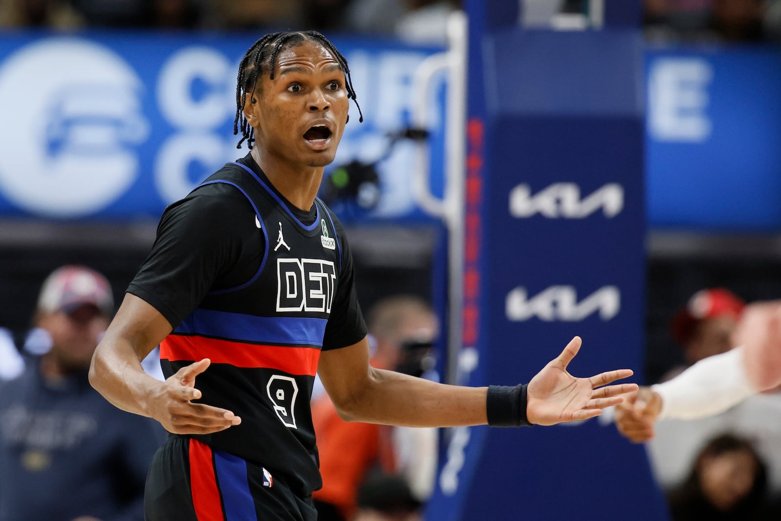 Detroit Pistons forward Ausar Thompson (9) reacts after being whistled for a foul during the second half of an NBA basketball game against the Oklahoma City Thunder, Saturday, March 15, 2025, in Detroit. (AP Photo/Duane Burleson)