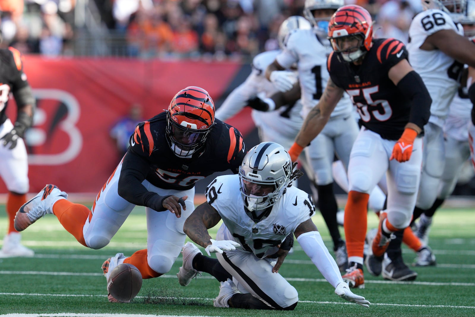 Las Vegas Raiders wide receiver DJ Turner, bottom, tries to recover a fumble by quarterback Gardner Minshew II in front of Cincinnati Bengals defensive end Joseph Ossai, left, which linebacker Logan Wilson (55) recovered, during the second half of an NFL football game in Cincinnati, Sunday, Nov. 3, 2024. (AP Photo/Jeff Dean)