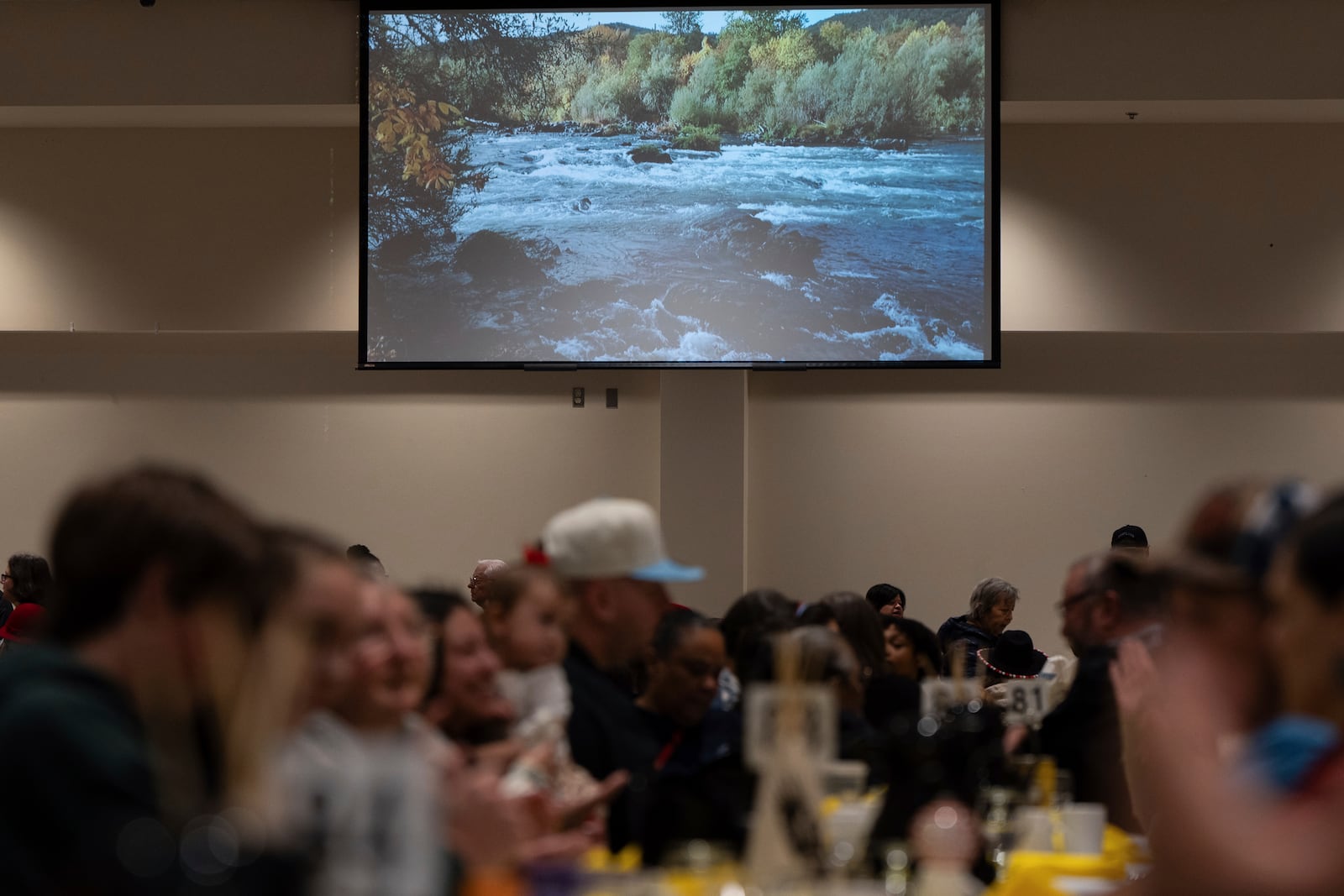 An image of land recently purchased by the Confederated Tribes of Siletz Indians is displayed on a screen during a lunch for tribal members and guests before a powwow at Chinook Winds Casino Resort, Saturday, Nov. 16, 2024, in Lincoln City, Ore. (AP Photo/Jenny Kane)