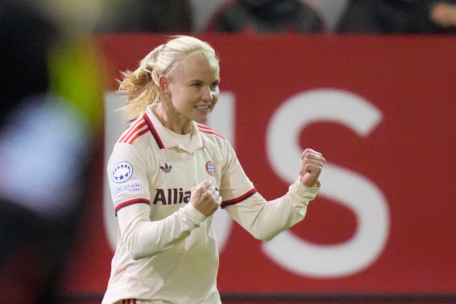 FILE - Bayern's Pernille Harder celebrates scoring during the women's Champions League group C soccer match between FC Bayern Munich and Valerenga at the FC Bayern Campus in Munich, Germany, Nov. 12, 2024. (AP Photo/Matthias Schrader, File)