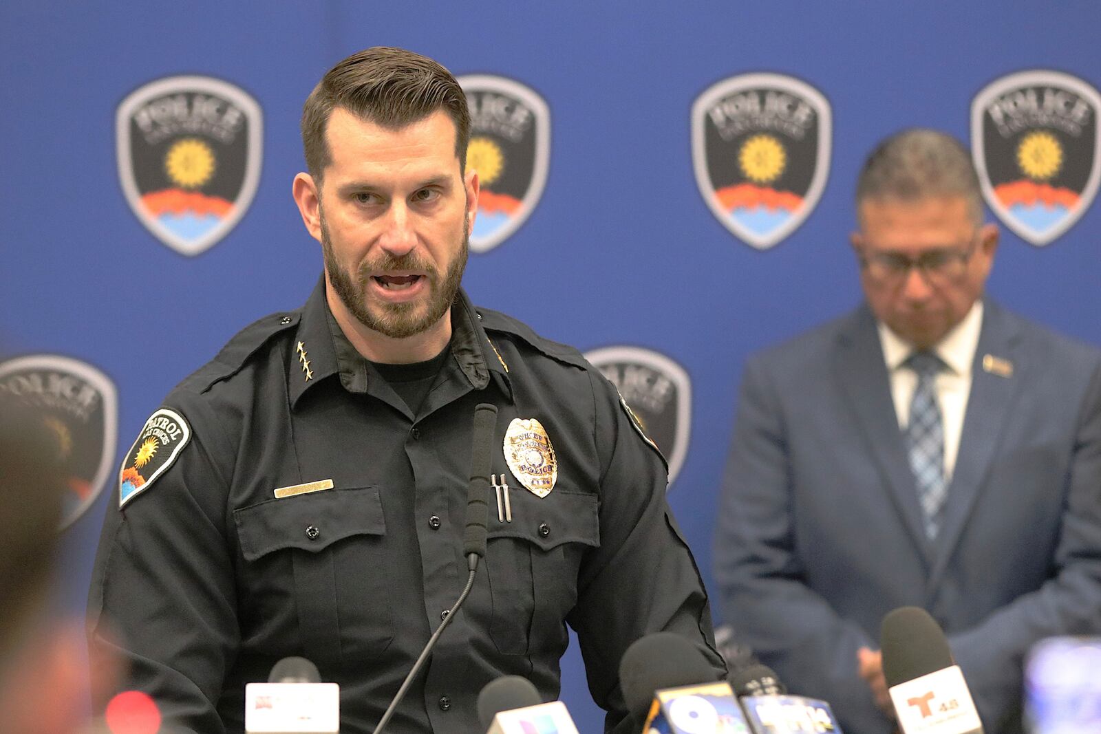 Las Cruces Police Chief Jeremey Story speaks at a news conference on March 22, 2025 a day after a mass shooting at Young Park in Las Cruces, N.M. (Justin Garcia/The Albuquerque Journal via AP)