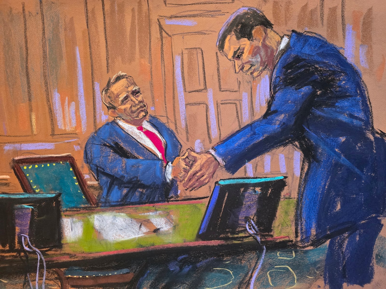 In this courtroom sketch, Aaron Nathan, right, attorney for Ruby Freeman and Shaye Moss, shakes hands with Andrew Giuliani, son of Rudy Giuliani after a settlement was reached, Thursday, Jan. 16, 2025, in New York. (Jane Rosenberg via AP)