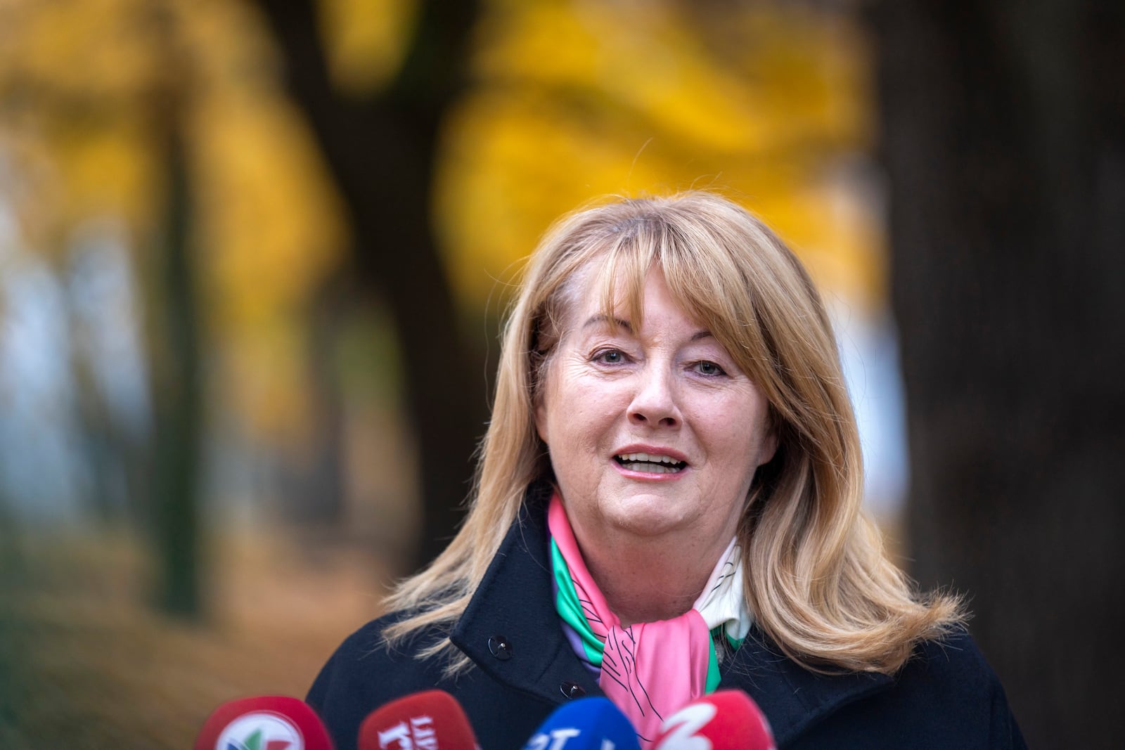 Leader of the Social Democratic Party Vilija Blinkeviciute speaks to the press at a polling station during a second round of voting in parliamentary election, in Vilnius, Lithuania, Sunday, Oct. 27, 2024. (AP Photo/Mindaugas Kulbis)