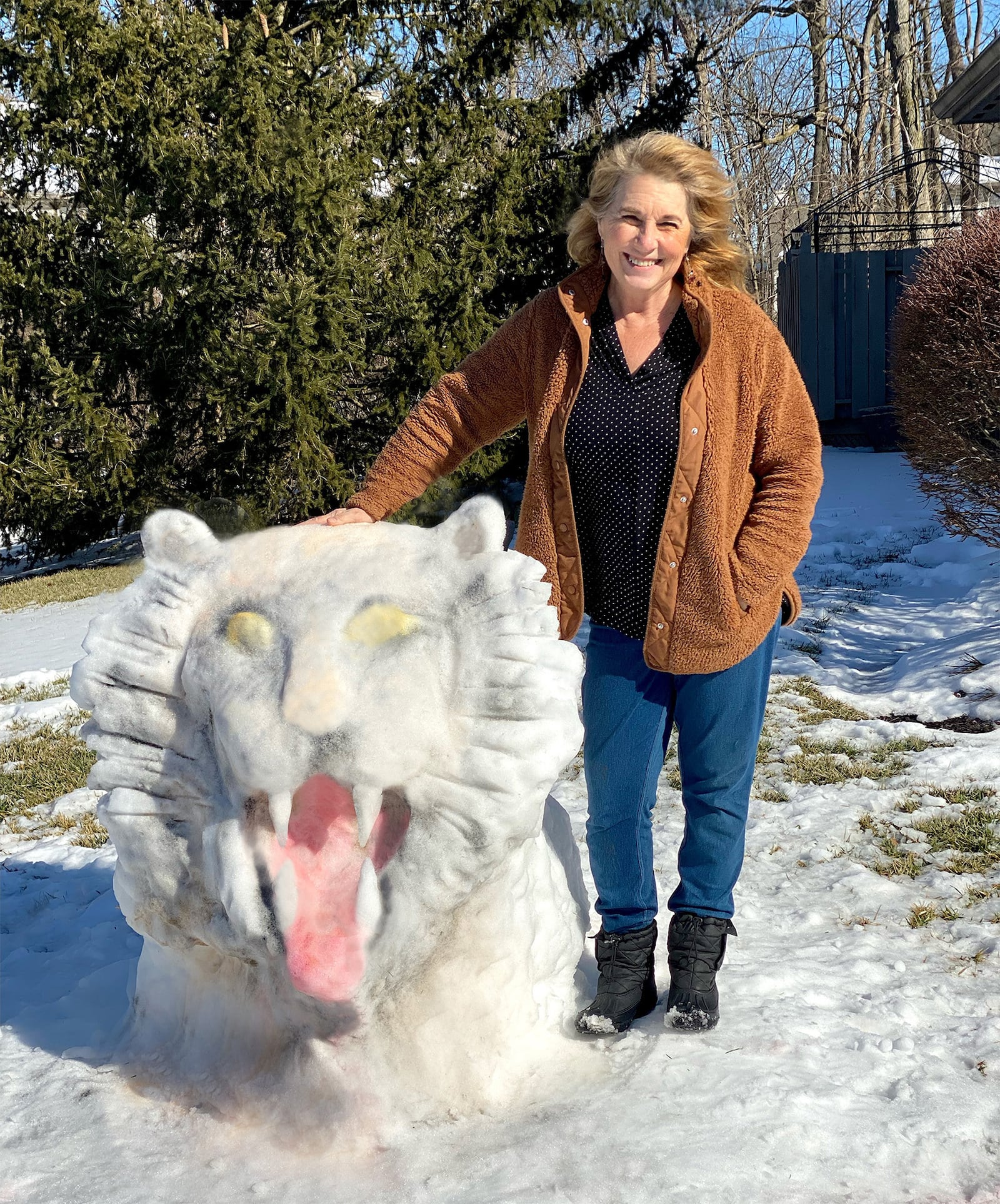 Browns fan Lee Quellhorst of Centerville jumped on the Cincinnati Bengals bandwagon and created a Bengal tiger snow sculpture in her front yard in honor of the Bengals' trip to the Super Bowl. CONTRIBUTED