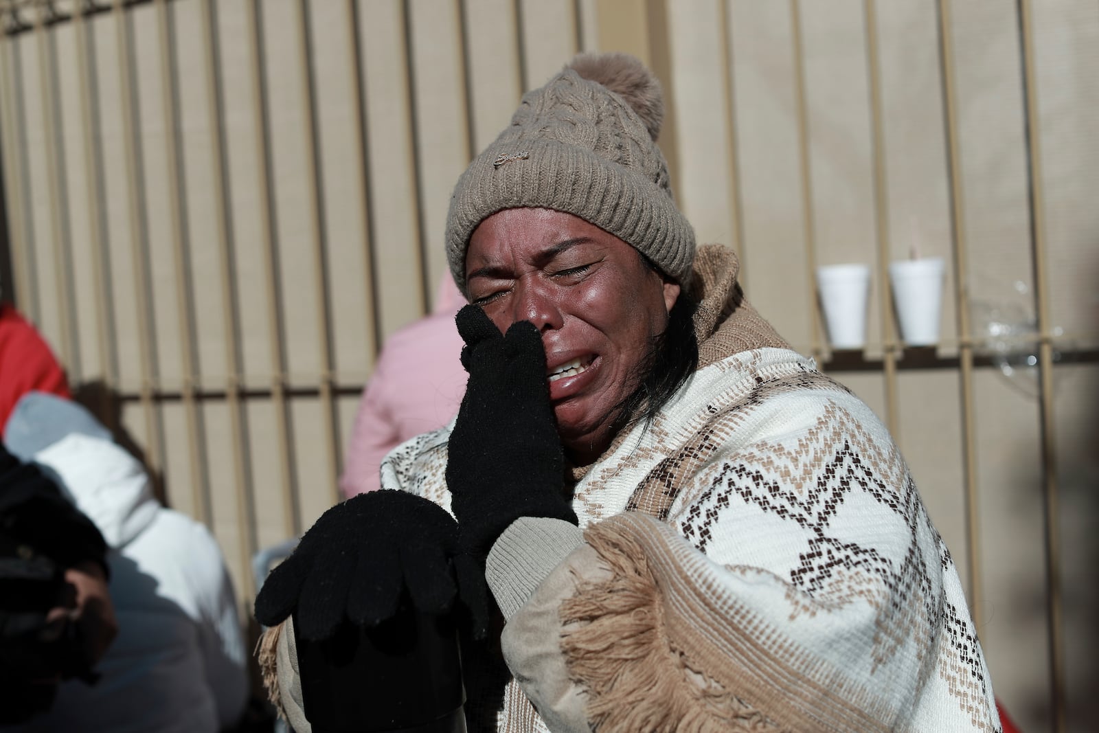 Colombian migrant Margelis Tinoco, 48, cries after her CBP One appointment was canceled at the Paso del Norte international bridge in Ciudad Juarez, Mexico, on the border with the U.S., Monday, Jan. 20, 2025, the inauguration day of U.S. President Donald Trump. (AP Photo/Christian Chavez)