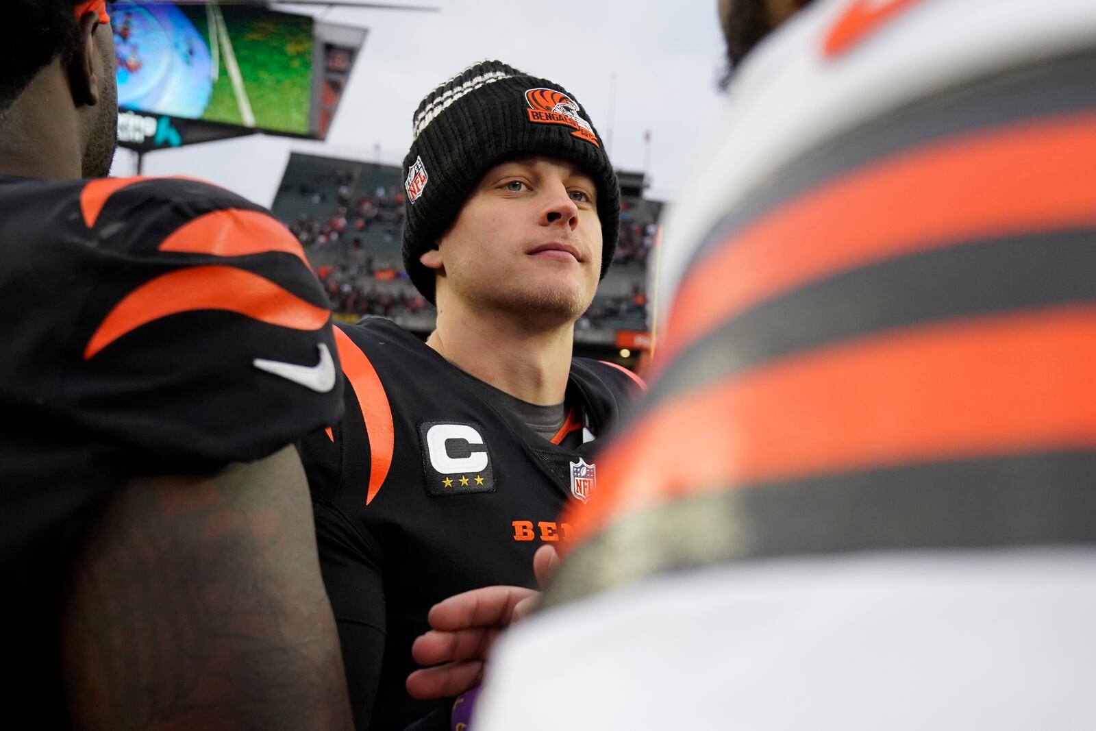 Cincinnati Bengals quarterback Joe Burrow greets the Cleveland Browns following an NFL football game, Sunday, Dec. 11, 2022, in Cincinnati. (AP Photo/Jeff Dean)