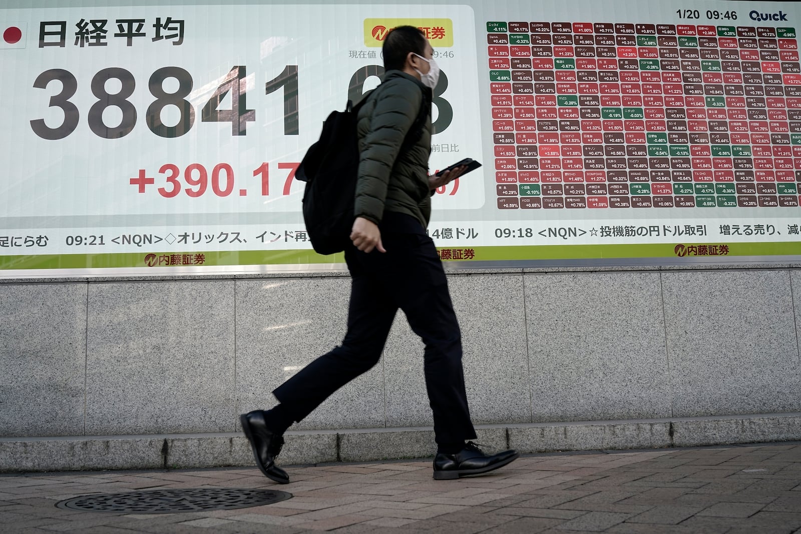 A person walks in front of an electronic stock board showing Japan's Nikkei index at a securities firm Monday, Jan. 20, 2025, in Tokyo. (AP Photo/Eugene Hoshiko)