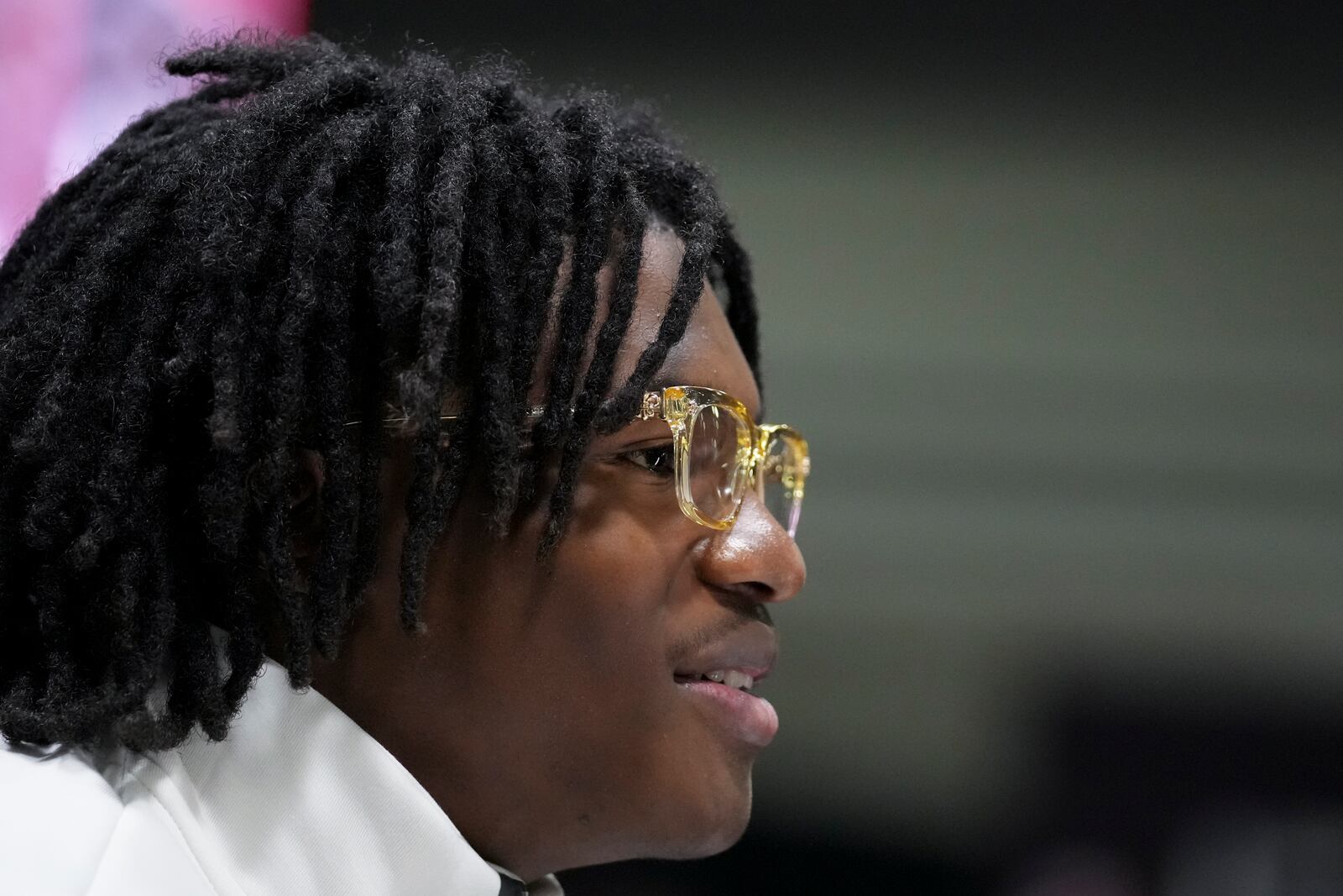 Ohio State wide receiver Jeremiah Smith during media day ahead of the national championship NCAA College Football Playoff game between Ohio State and Notre Dame Saturday, Jan. 18, 2025, in Atlanta. The game will be played on Monday. (AP Photo/Brynn Anderson)