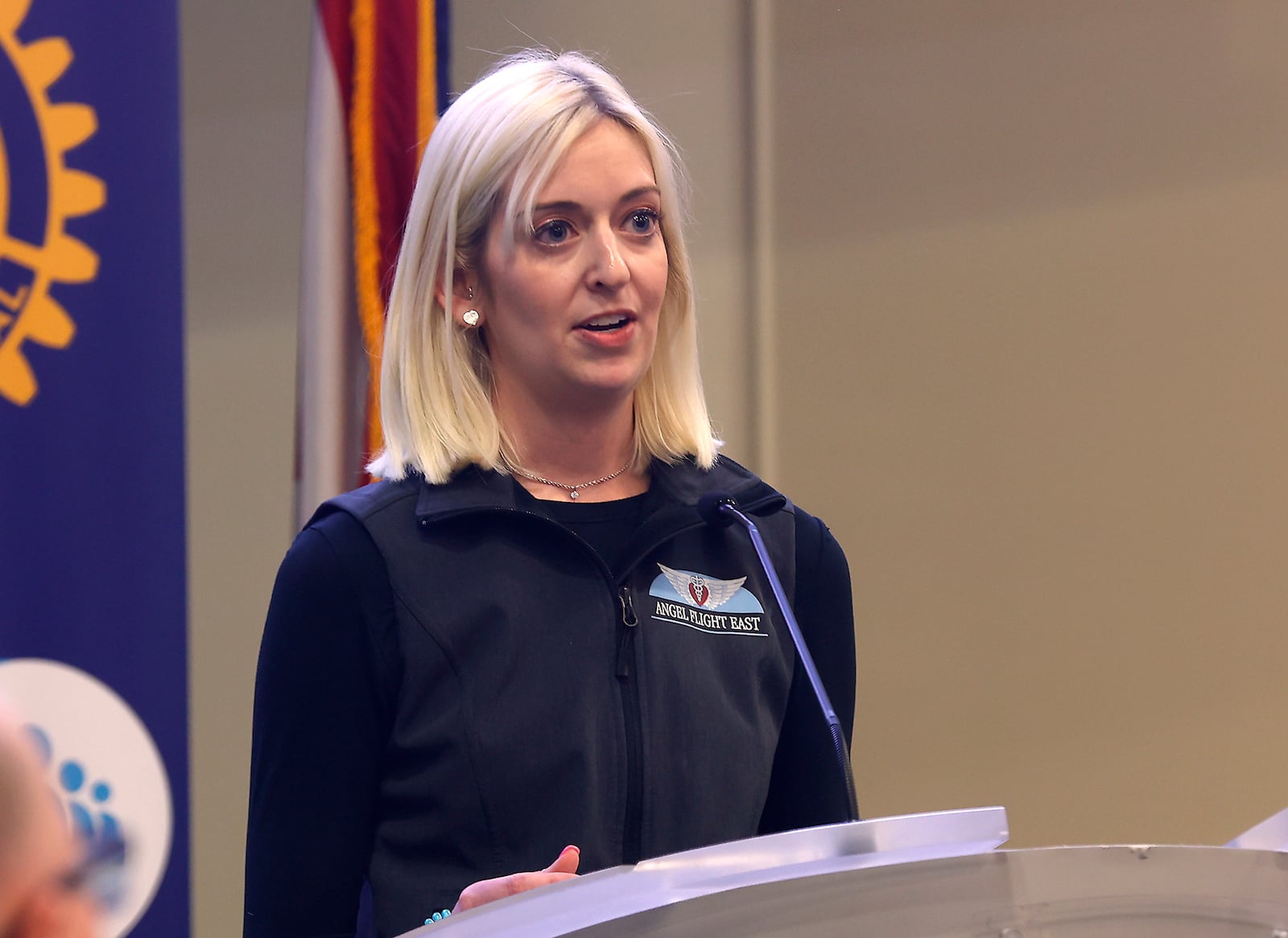 Jessica Ames, a representative of Angel Flight East, talks about the program that matches up sick children with pilots who can fly them to treatment at no charge Monday, Feb. 27, 2023 during the Springfield Rotary Club's weekly meeting. BILL LACKEY/STAFF