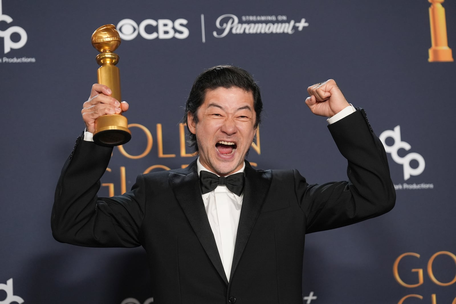 Tadanobu Asano poses in the press room with the award for best performance by a male actor in a supporting role on television for "Shogun" during the 82nd Golden Globes on Sunday, Jan. 5, 2025, at the Beverly Hilton in Beverly Hills, Calif. (AP Photo/Chris Pizzello)