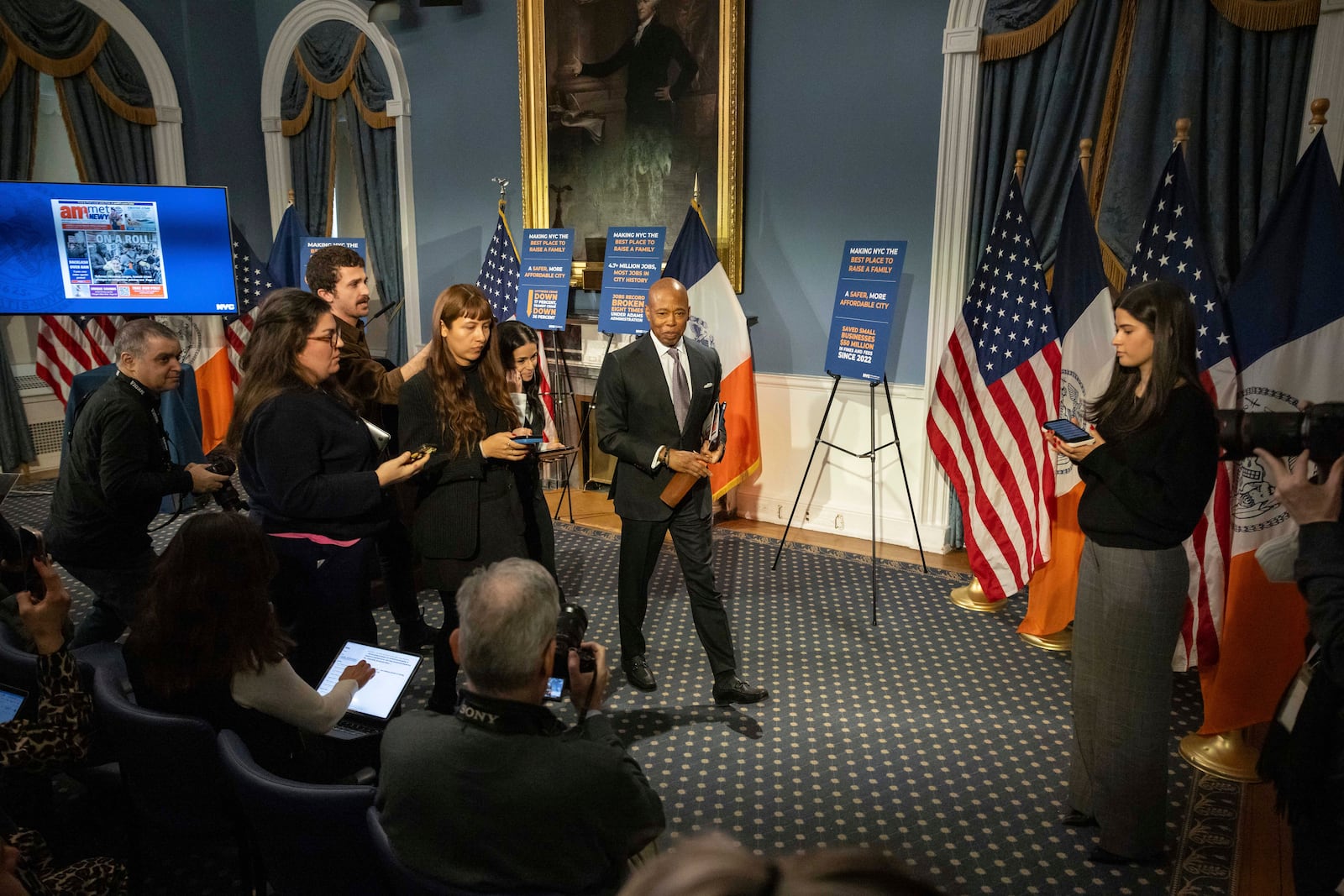 New York City Mayor Eric Adams leaves a press conference at City Hall, Wednesday, Feb. 5, 2025, in New York. (AP Photo/Yuki Iwamura)