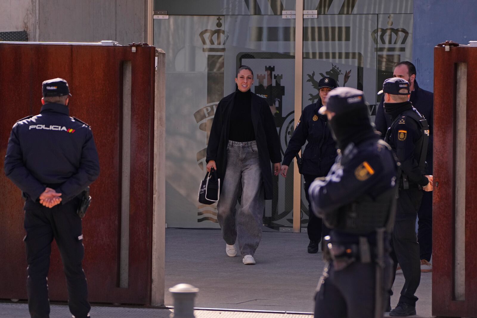 Soccer player Jenni Hermoso leaves after testifying at a court on the outskirts of Madrid, Spain, Monday Feb. 3, 2025 during the trial of former president of Spain's soccer federation Luis Rubiales for his unsolicited kiss on her. (AP Photo/Manu Fernandez)