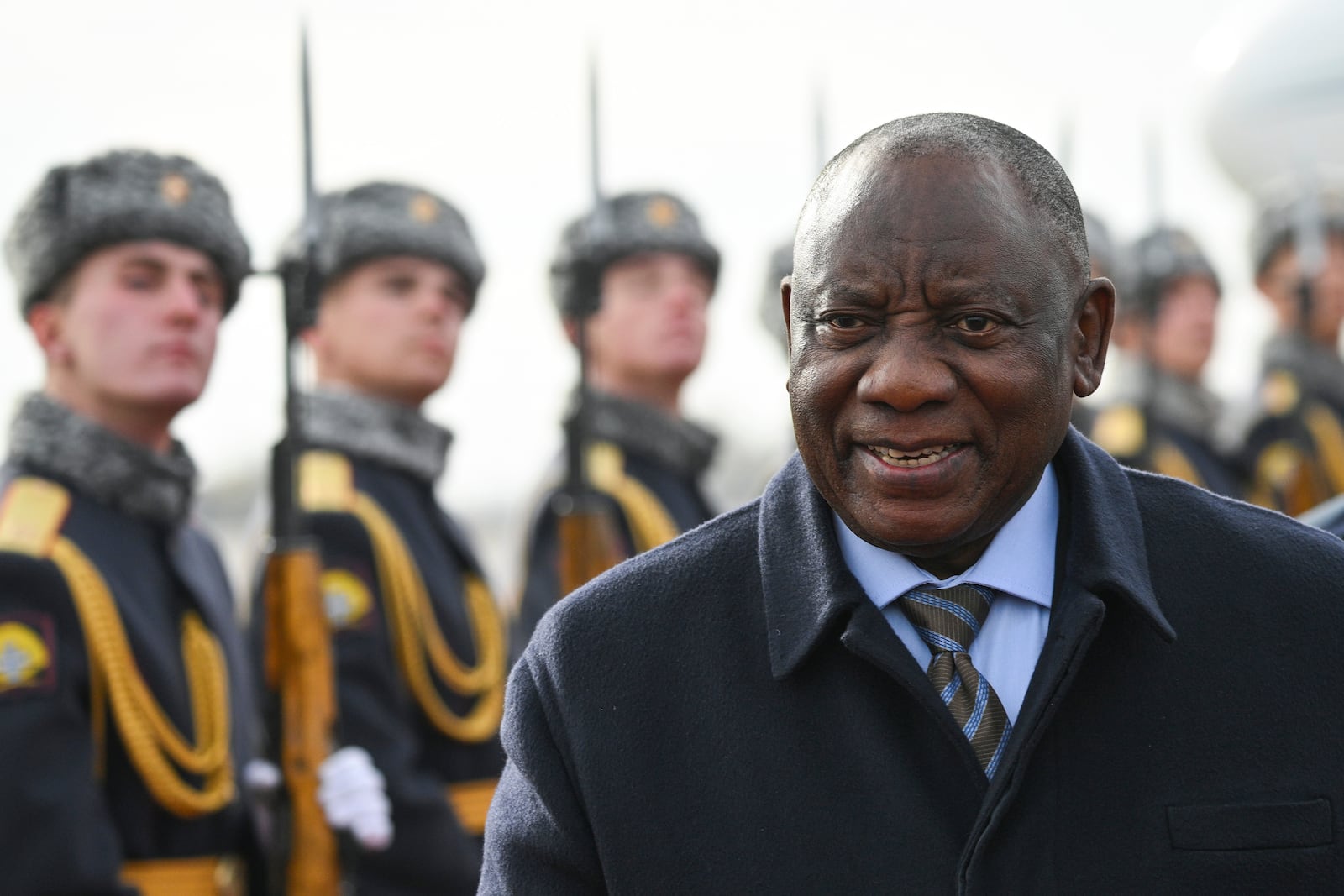 South African President Cyril Ramaphosa arrives at Kazan International Airport prior to the BRICS summit in Kazan, Russia, Tuesday, Oct. 22, 2024. (Kirill Zykov/Photo host brics-russia2024.ru via AP)