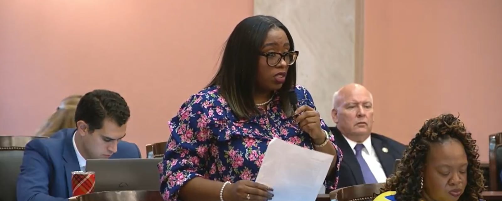 State Rep. Latyna Humphrey (D-Columbus) spoke Tuesday, Dec. 10, in support of S.B. 109, saying the bill protects vulnerable individuals, upholds ethical standards and promotes public safety. COURTESY OF THE OHIO CHANNEL