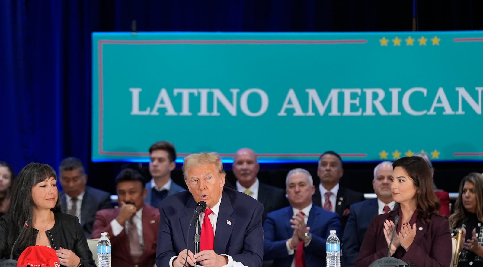 Republican presidential nominee former President Donald Trump participates in a roundtable with Latino leaders Tuesday, Oct. 22, 2024 in Doral, Fla. (AP Photo/Alex Brandon)