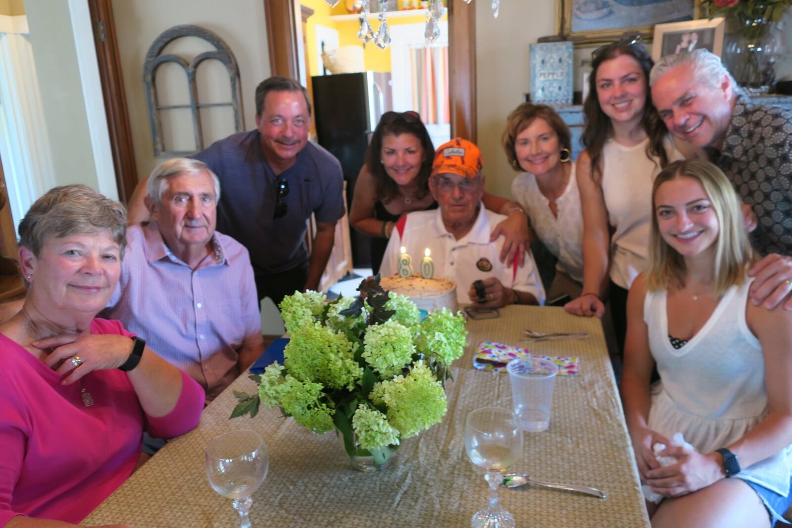 Richard Hoppe and his family and friends are pictured at his 80th birthday part in 2019. At left is Mickey and Ruth Ann Morgan, the Hoppes' best friends. Mickey Morgan was the athletic director at Fairmont. Photo courtesy of Linda Hoppe