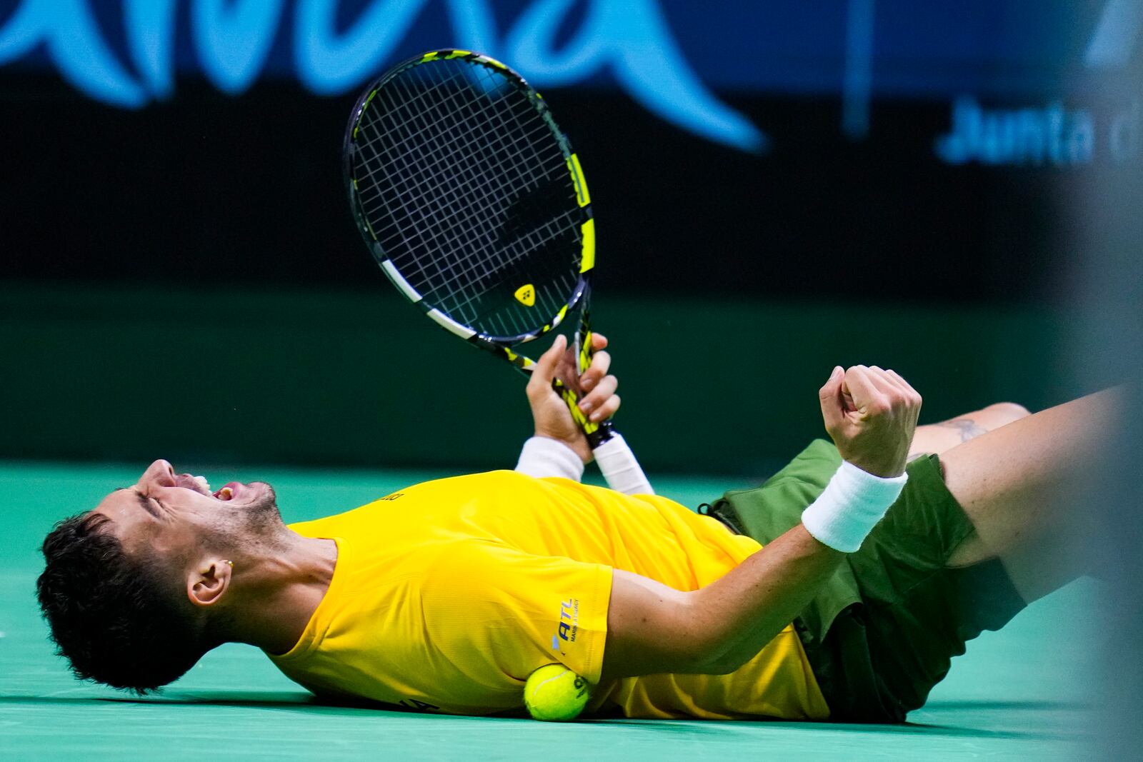 Australia's Athanasios Kokkinakis celebrates after winning against Ben Shelton of the United States during a Davis Cup quarterfinal match at the Martin Carpena Sports Hall, in Malaga, southern Spain, on Thursday, Nov. 21, 2024. (AP Photo/Manu Fernandez)