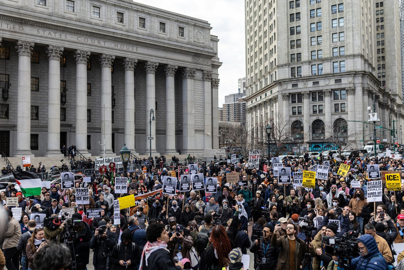 A crowd gathers in Foley Square, outside the Manhattan federal court, in support of Mahmoud Khalil, Wednesday, March 12, 2025, in New York. (AP Photo/Stefan Jeremiah)