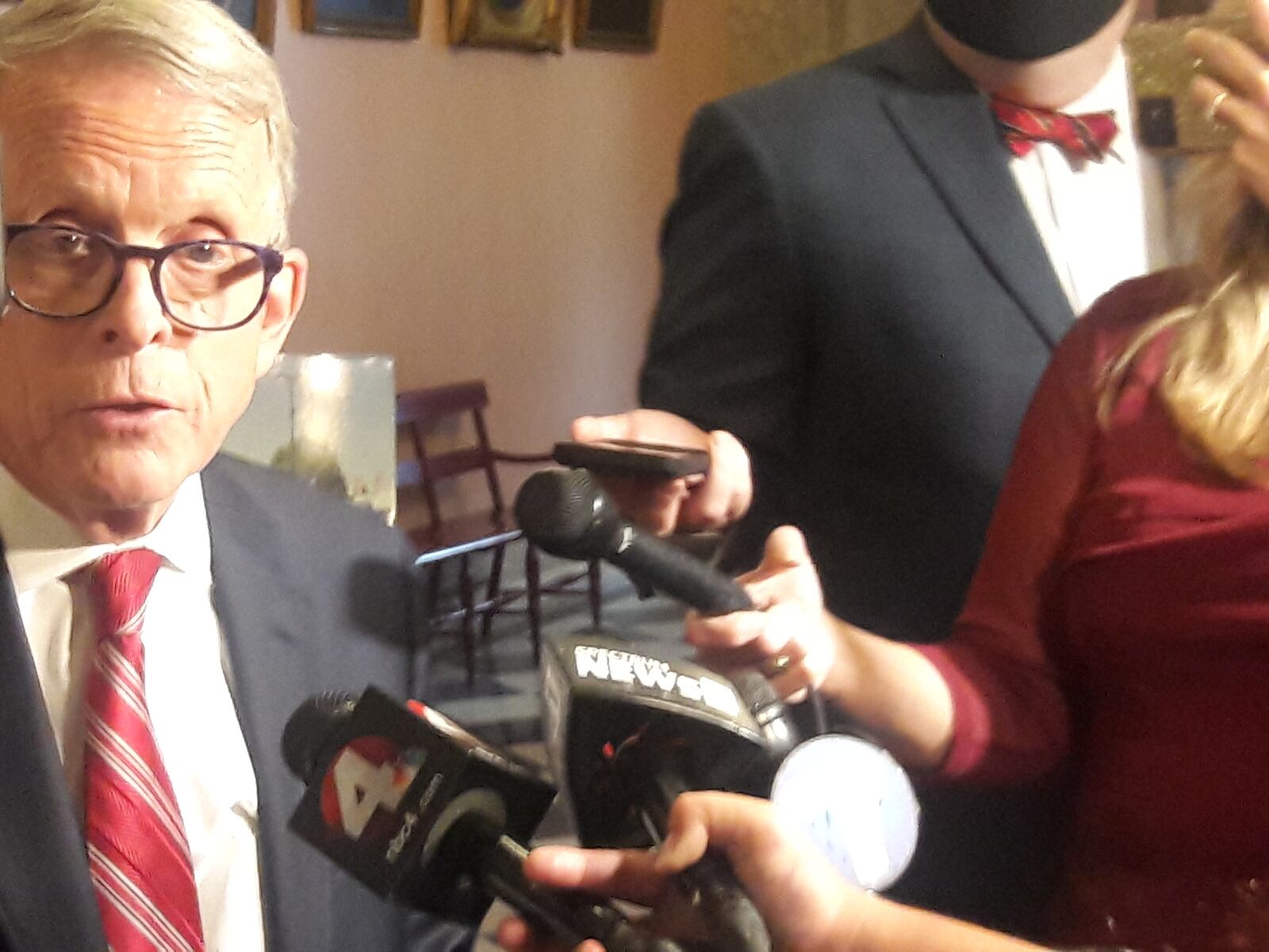 Gov. Mike DeWine speaks outside his statehouse office about ongoing negotiations for new state House and Senate district maps on the evening of Sept. 15.