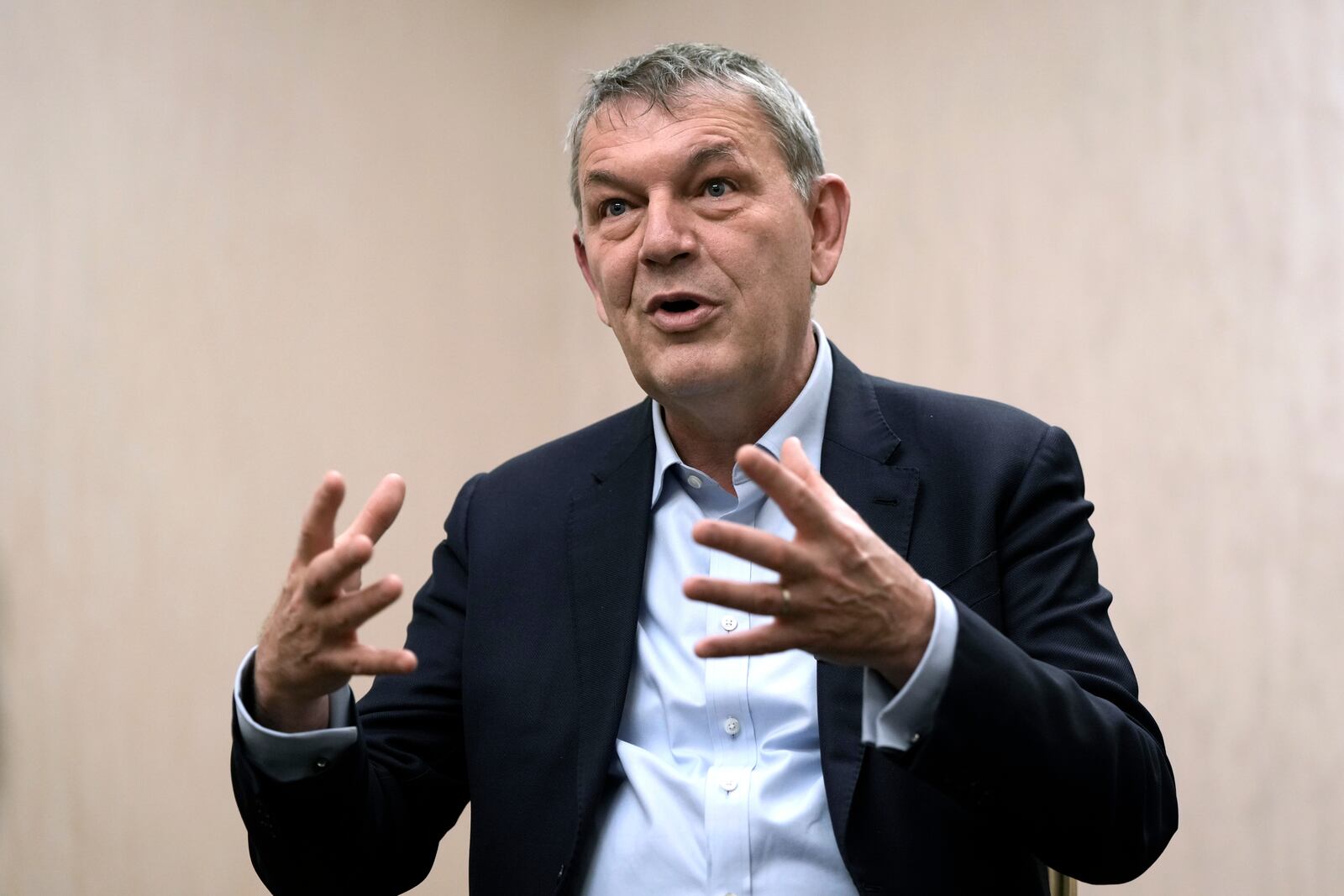 Commissioner-General of the U.N. agency for Palestinian Refugees Philippe Lazzarini speaks during an interview with The Associated Press in Beirut, Lebanon, Thursday, Feb. 6, 2025. (AP Photo/Bilal Hussein)