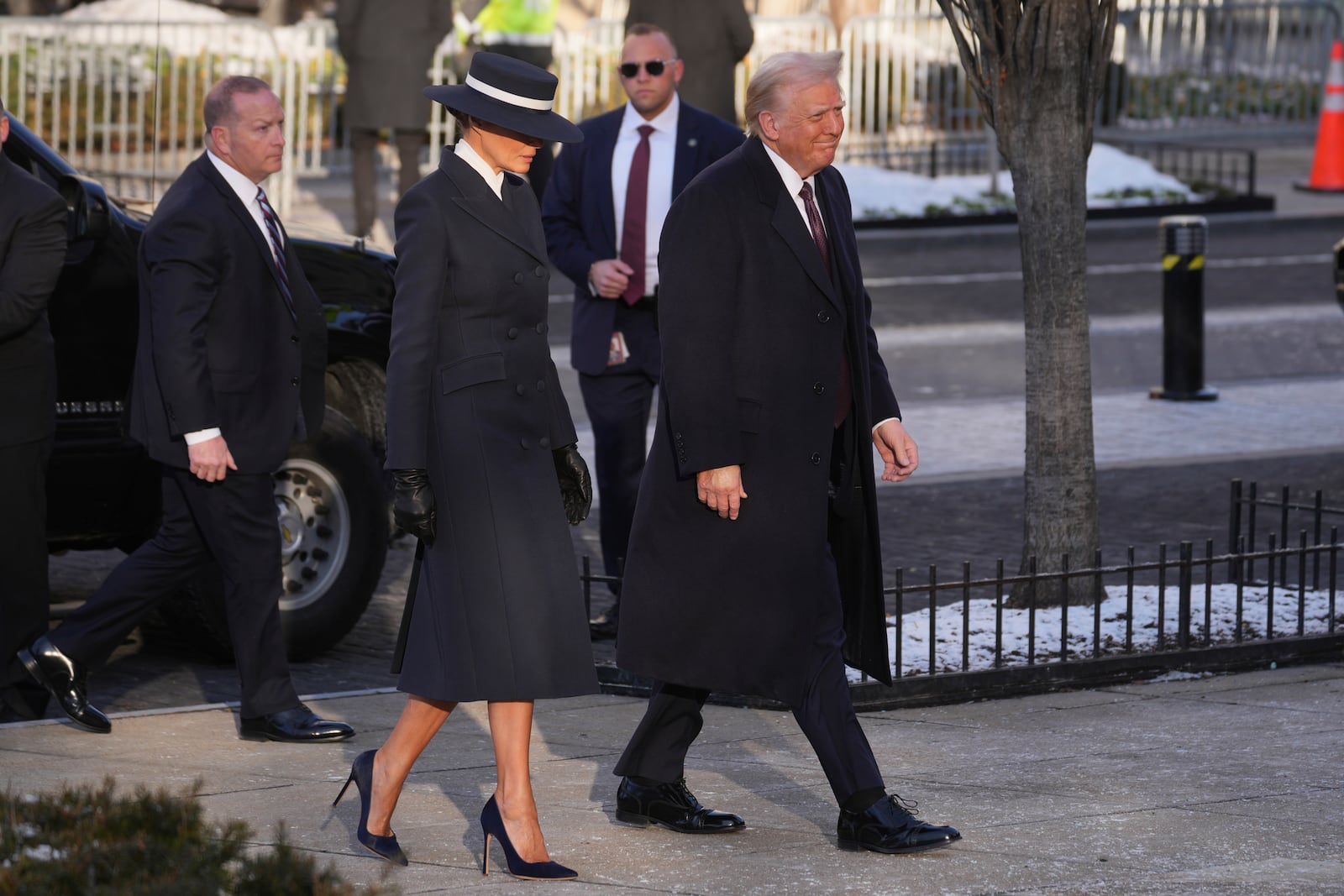 President-elect Donald Trump and his wife Melania arrive for church service at St. John's Episcopal Church across from the White House in Washington, Monday, Jan. 20, 2025, on Donald Trump's inauguration day. (AP Photo/Matt Rourke)