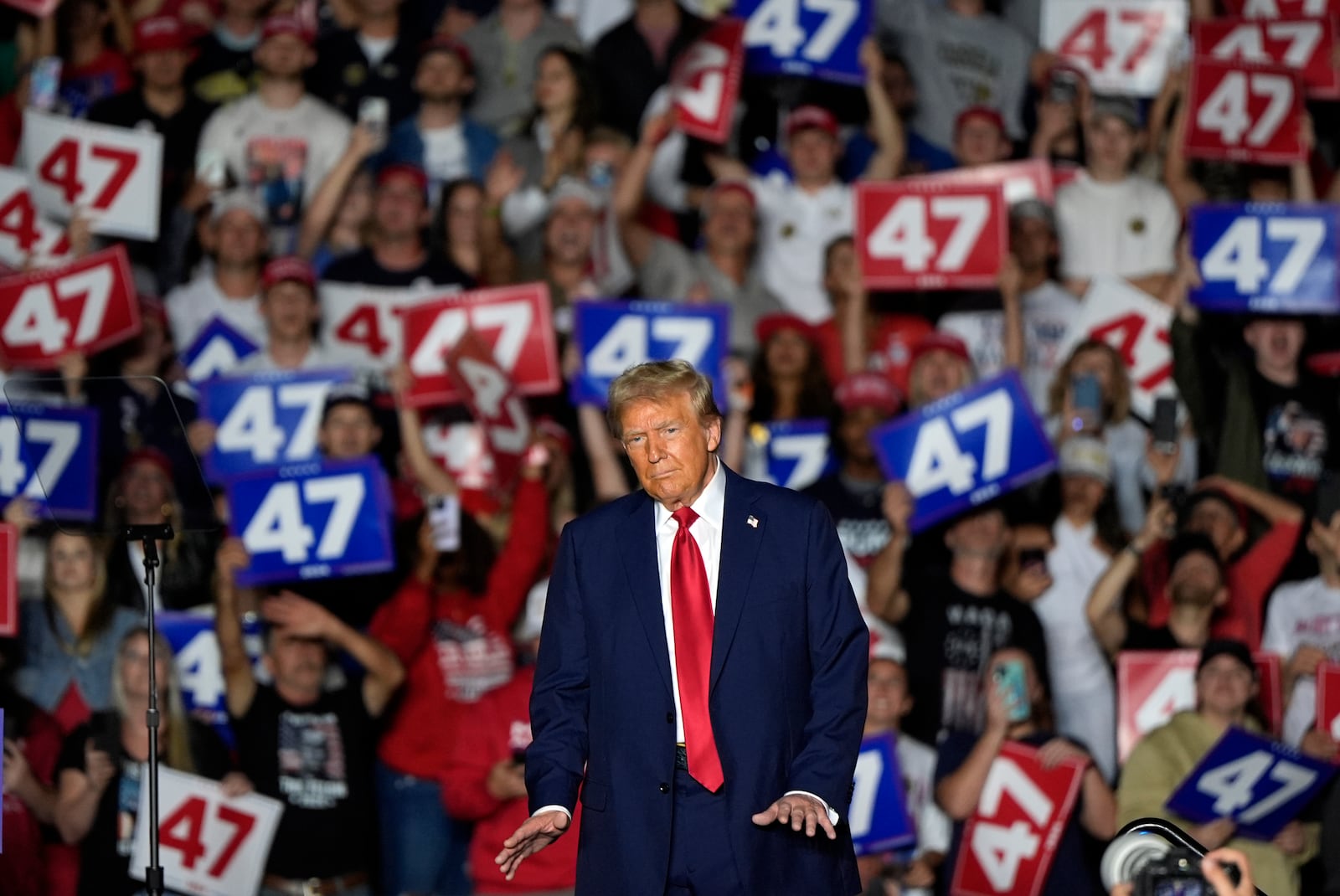 Republican presidential nominee former President Donald Trump arrives at a campaign rally at McCamish Pavilion Monday, Oct. 28, 2024, in Atlanta. (AP Photo/Mike Stewart)