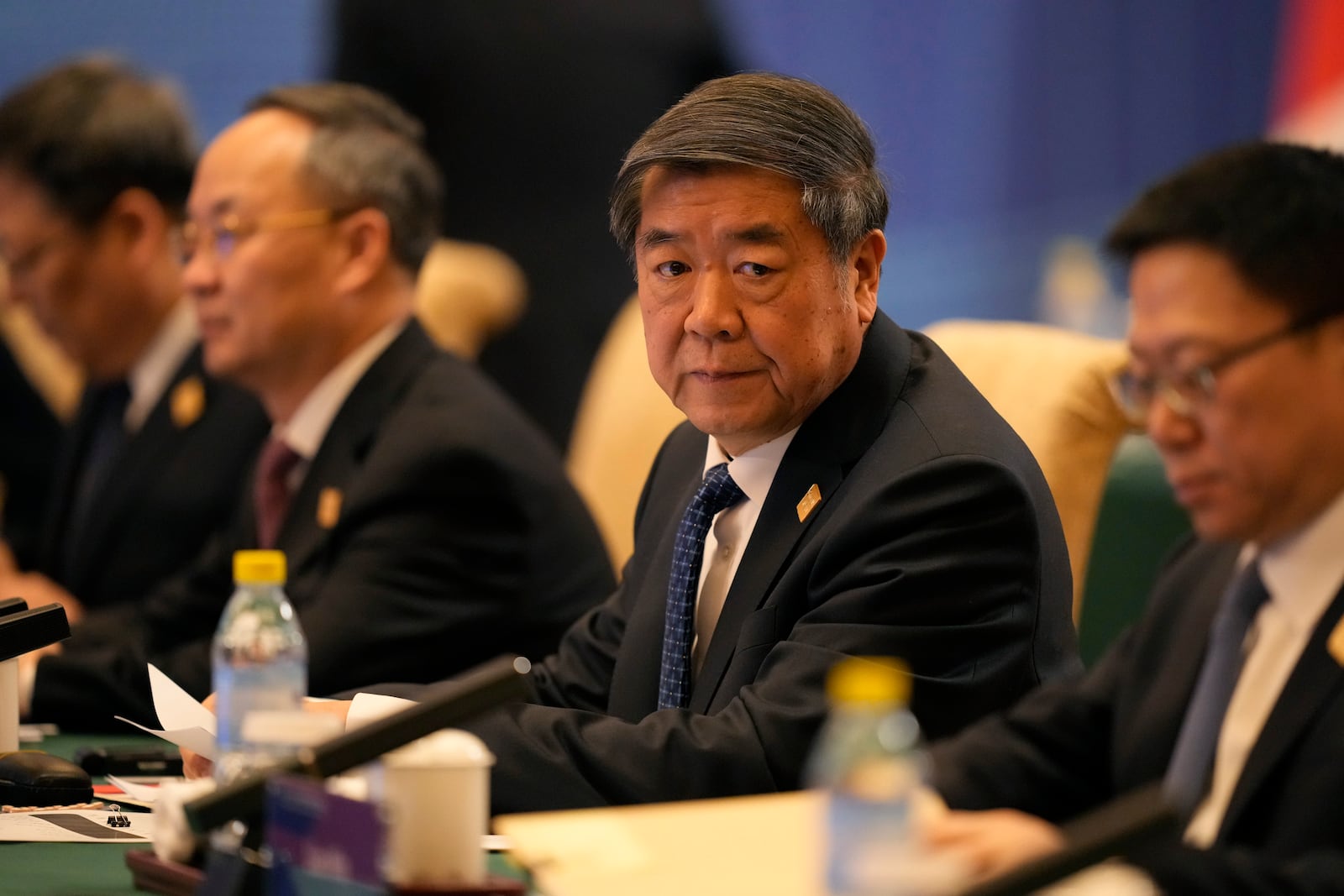 Chinese Vice Premier He Lifeng listens during the 11th China - UK Economy and Finance Dialogue in Beijing, Saturday, Jan. 11, 2025. (AP Photo/Aaron Favila, Pool)