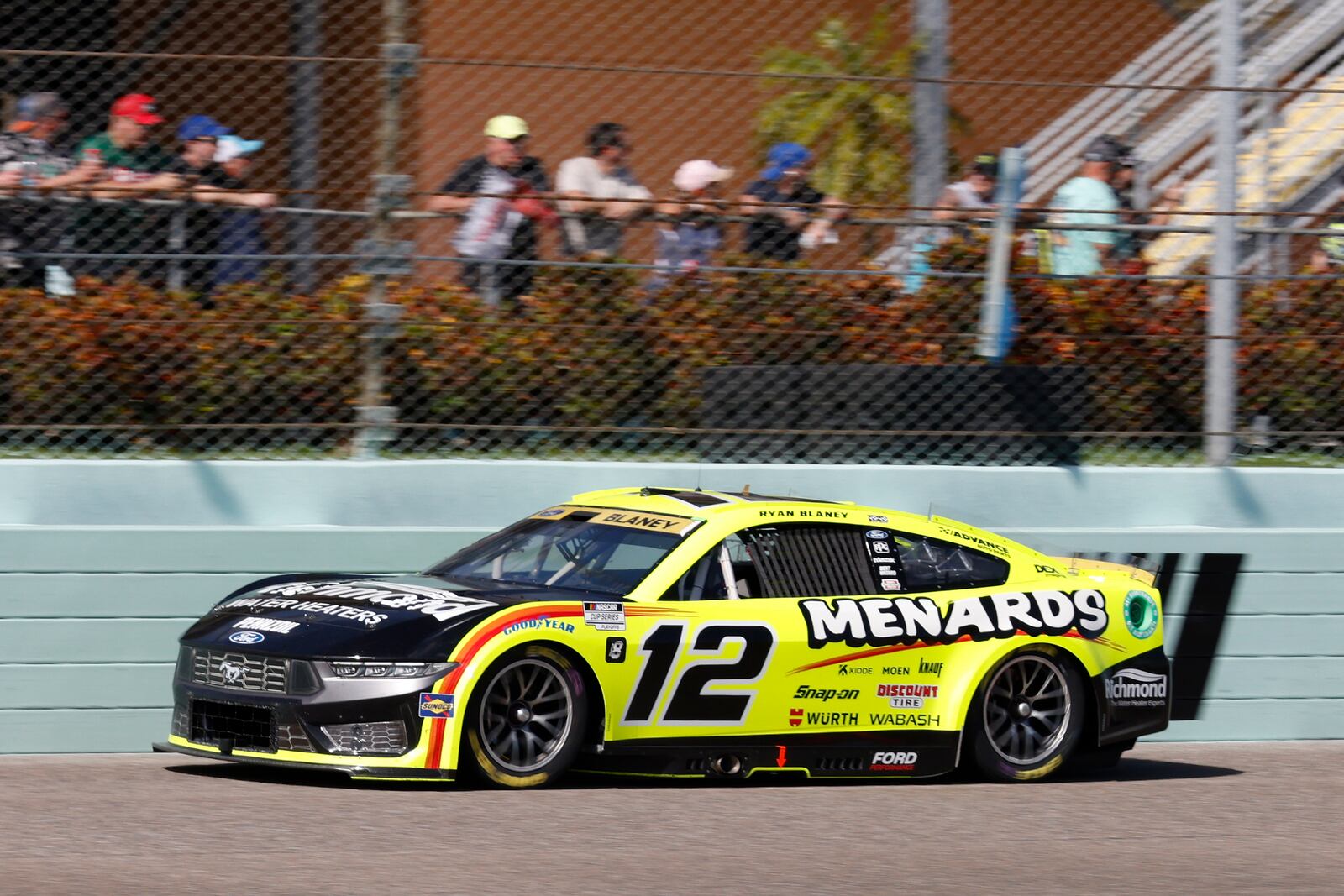 Ryan Blaney drives on track during the NASCAR Cup Series auto race at Homestead-Miami Speedway in Homestead, Fla., Sunday, Oct. 27, 2024. (AP Photo/Terry Renna)