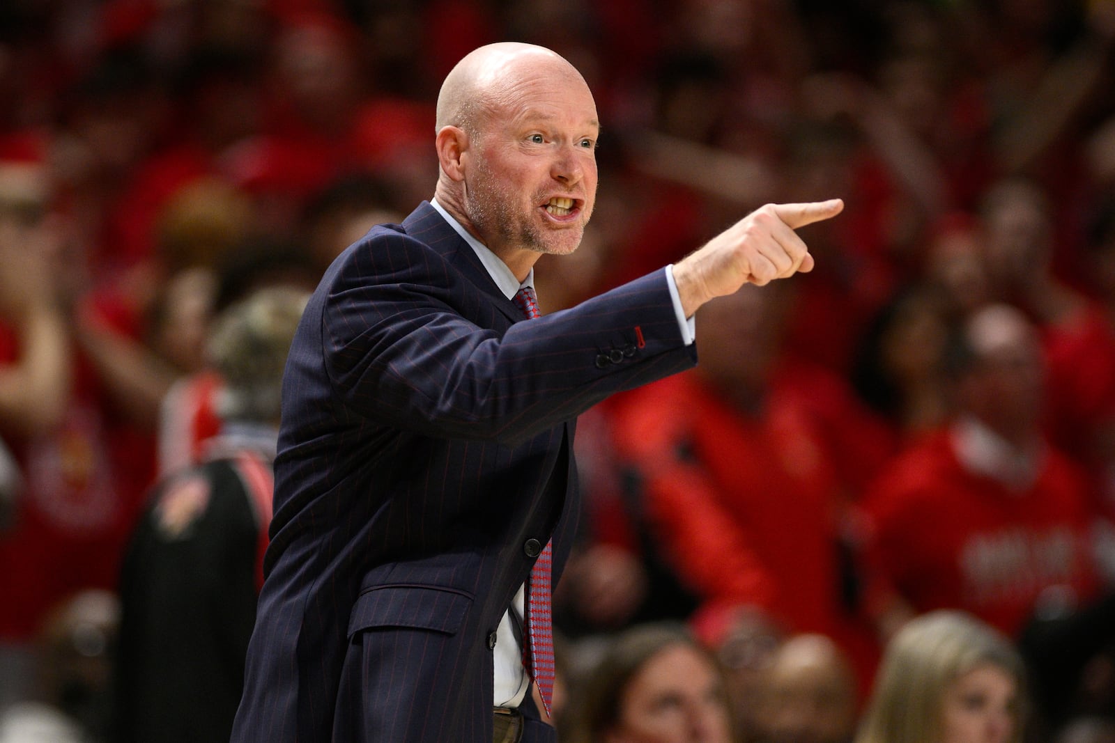 Maryland head coach Kevin Willard points during the first half of an NCAA college basketball game against Michigan State, Wednesday, Feb. 26, 2025, in College Park, Md. (AP Photo/Nick Wass)