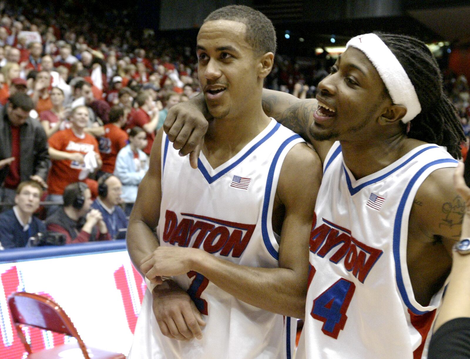 Dayton's Brian Roberts (left) and London Warren leave the court in 2007 after beating Pittsburgh 80-55. Roberts scored 31 points in the game. Staff photo by Lisa Powell