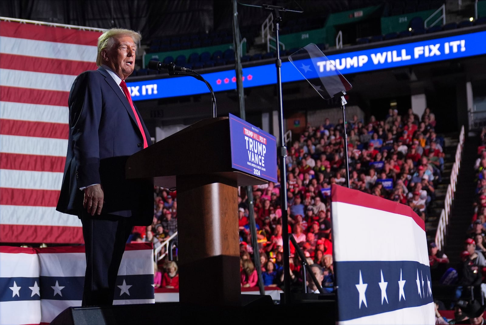 Republican presidential nominee former President Donald Trump speaks at a campaign rally at First Horizon Coliseum, Saturday, Nov. 2, 2024, in Greensboro, N.C. (AP Photo/Evan Vucci)