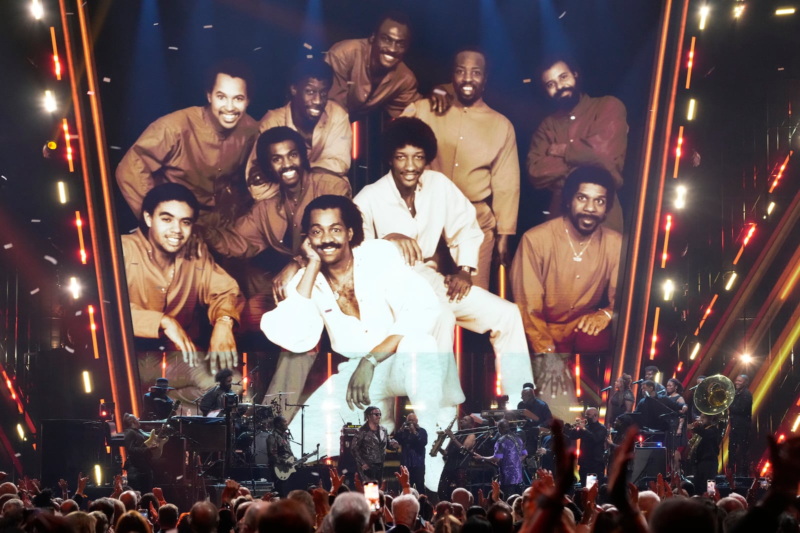 James "J.T." Taylor, left, and Robert "Kool" Bell of Kool & The Gang perform during the 39th Annual Rock & Roll Hall of Fame Induction Ceremony on Saturday, Oct. 19, 2024, at Rocket Mortgage FieldHouse in Cleveland. (AP Photo/Chris Pizzello)