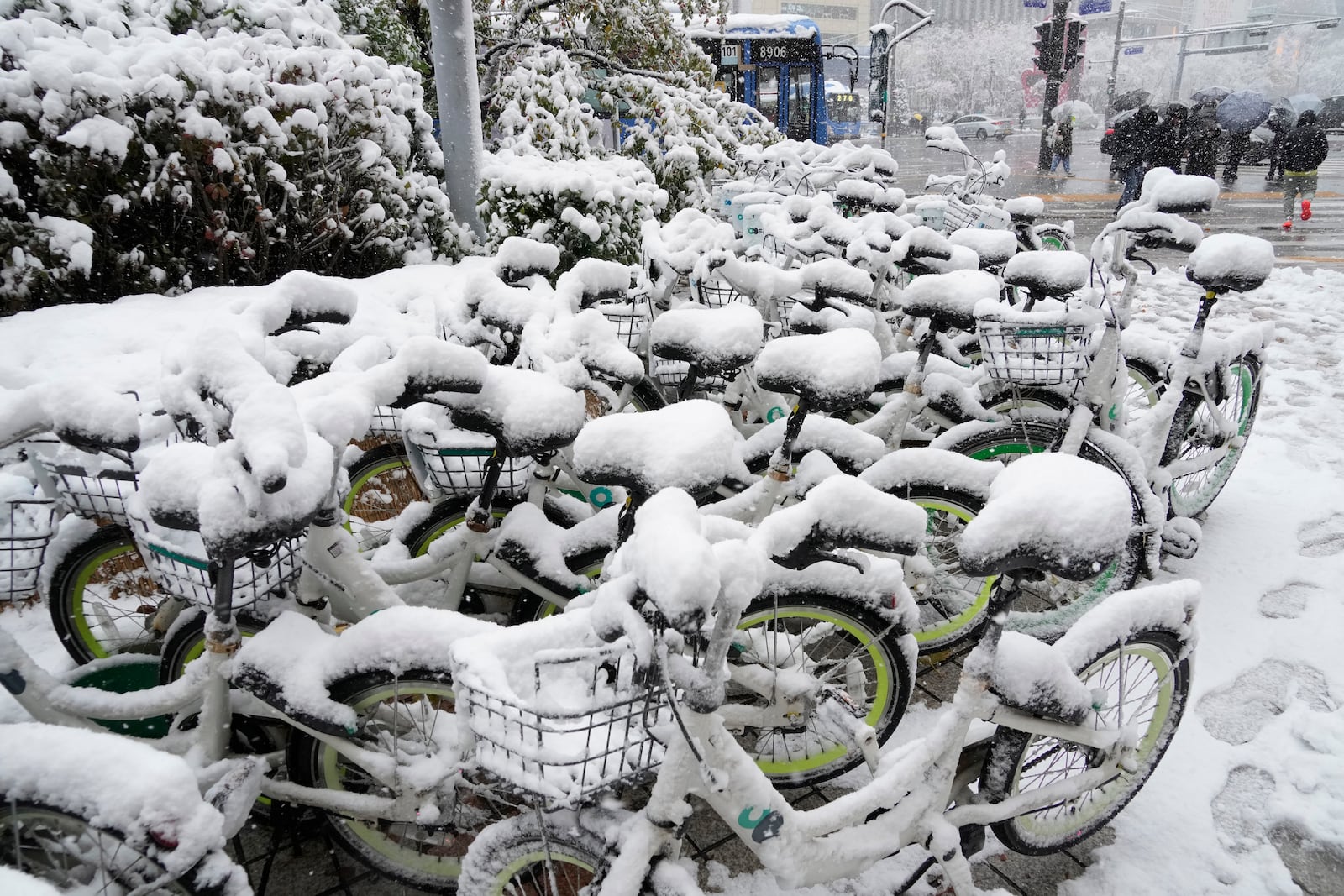 Snow-covered bicycles are parked near a subway station in Seoul, South Korea, Wednesday, Nov. 27, 2024. (AP Photo/Ahn Young-joon)