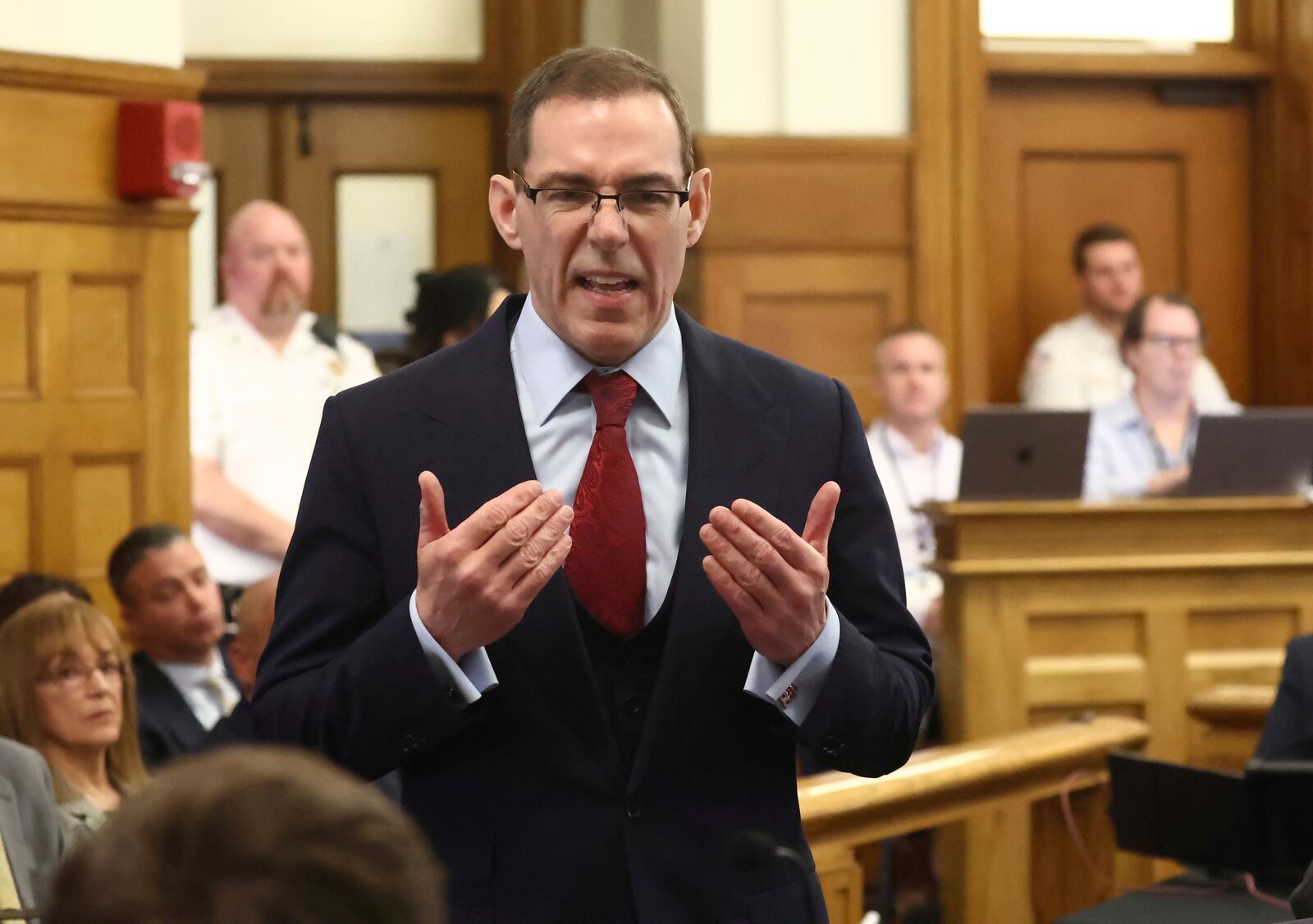 Special prosecutor Hank Brennan gives his opening argument at Karen Read's second murder trial at Norfolk Superior Court on Tuesday, April 22, 2025 in Dedham, Mass. (Stuart Cahill /The Boston Herald via AP, Pool)
