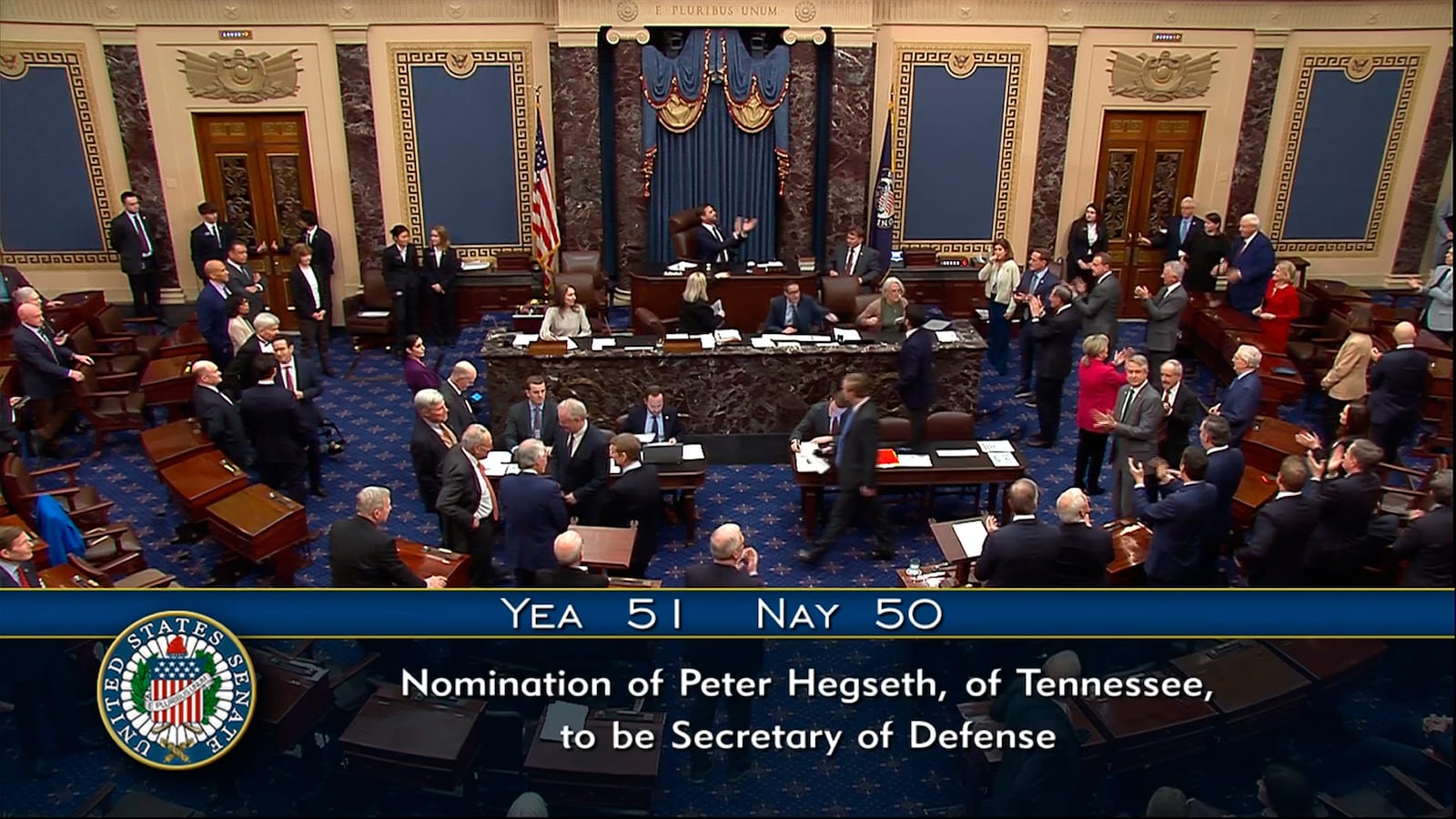 In this image provided by Senate Television, the vote total is shown after Vice President JD Vance casts the tie-breaking vote to confirm Pete Hegseth as President Donald Trump's choice for defense secretary, Friday, Jan. 24, 2025, at the Capitol in Washington. (Senate Television via AP)