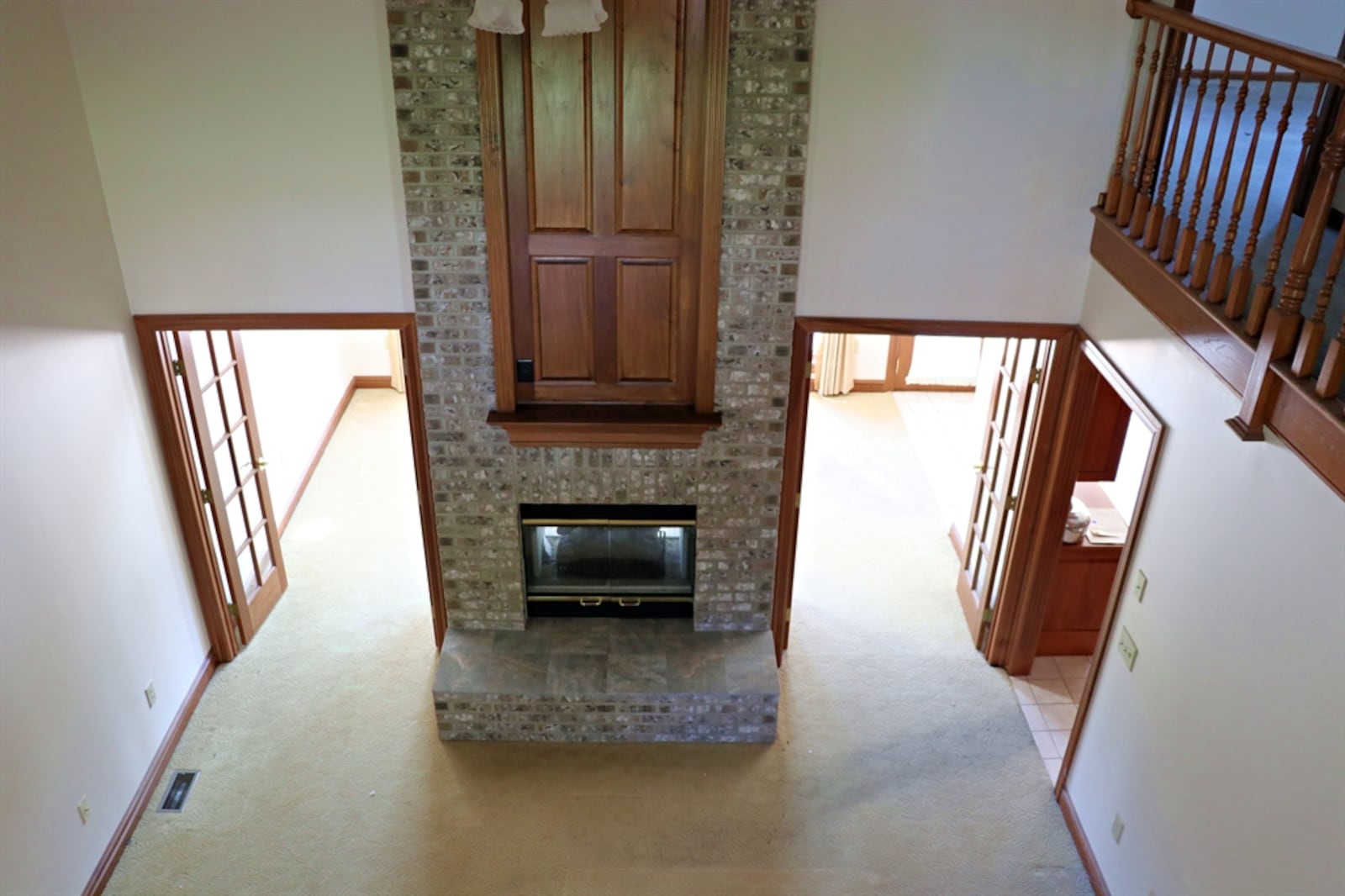 The dual-sided gas fireplace is the centerpiece of this Beavercreek home. 