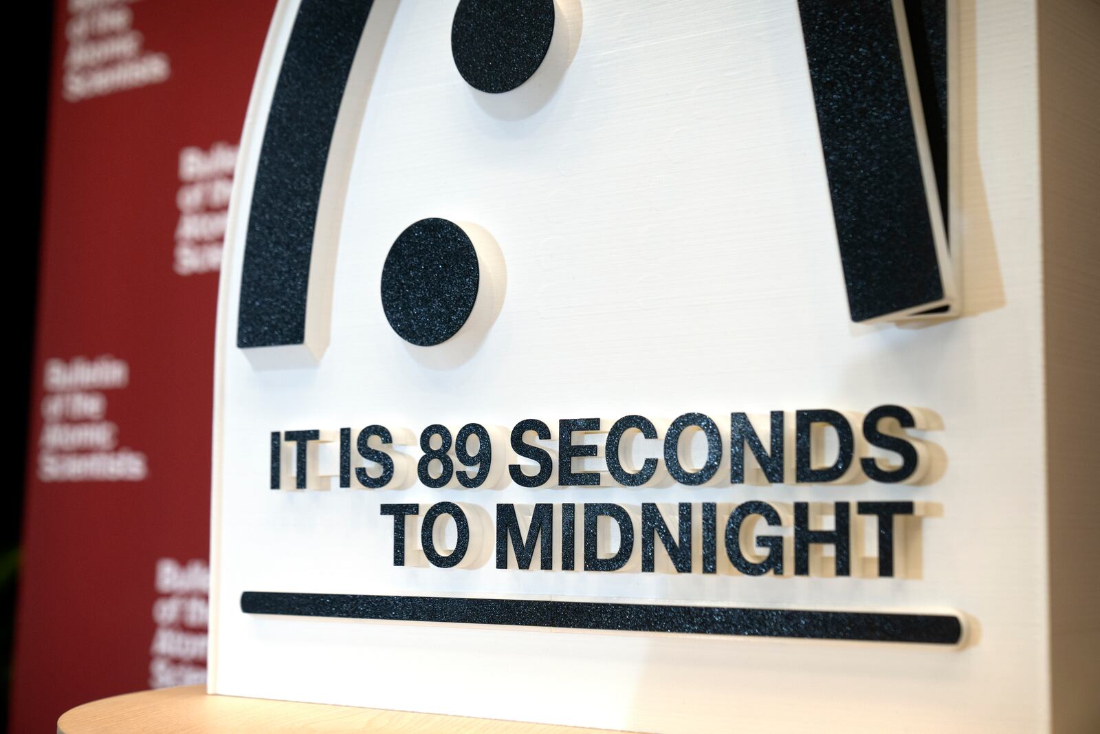 The Doomsday Clock of the Bulletin of the Atomic Scientists, set at 89 seconds to midnight, is displayed during a news conference at the United States Institute of Peace, Tuesday, Jan. 28, 2025, in Washington. (AP Photo/Mark Schiefelbein)