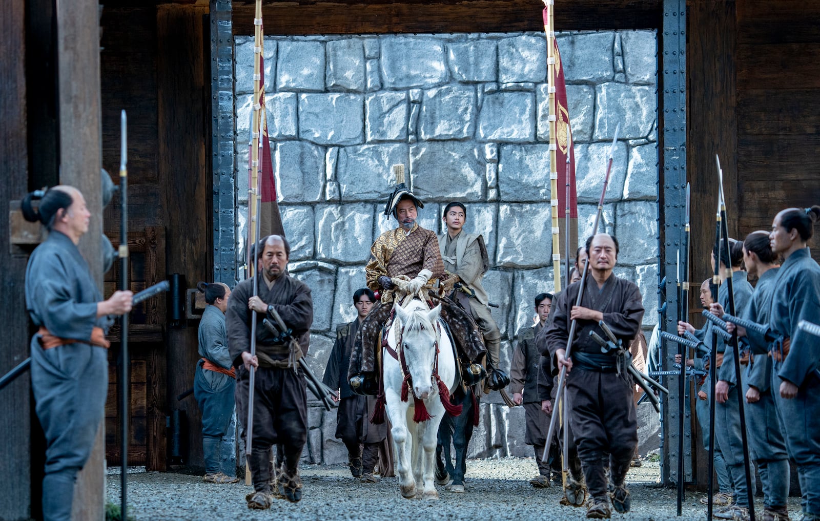 This image released by FX shows Hiroyuki Sanada as Yoshii Toranaga, center, in a scene from "Shogun." (Katie Yu/FX via AP)