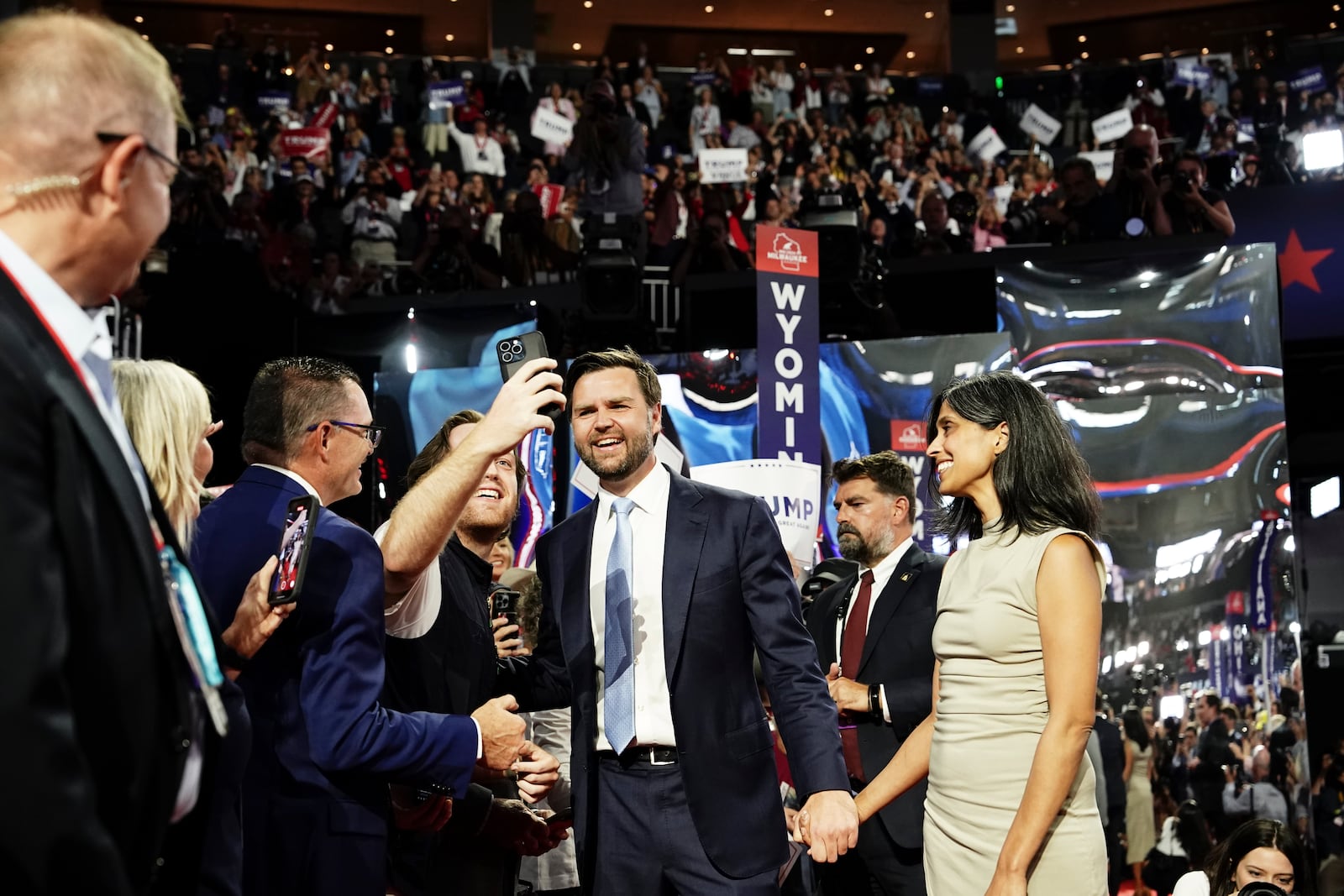 
                        Sen. JD Vance (R-Ohio) on floor with his wife, Usha, on the first day of the Republican National Convention, at the Fiserv Forum in Milwaukee, Wis., on Monday, July 15, 2024. Vance spilled scores of details about his life in his coming-of-age memoir. (Haiyun Jiang/The New York Times)
                      