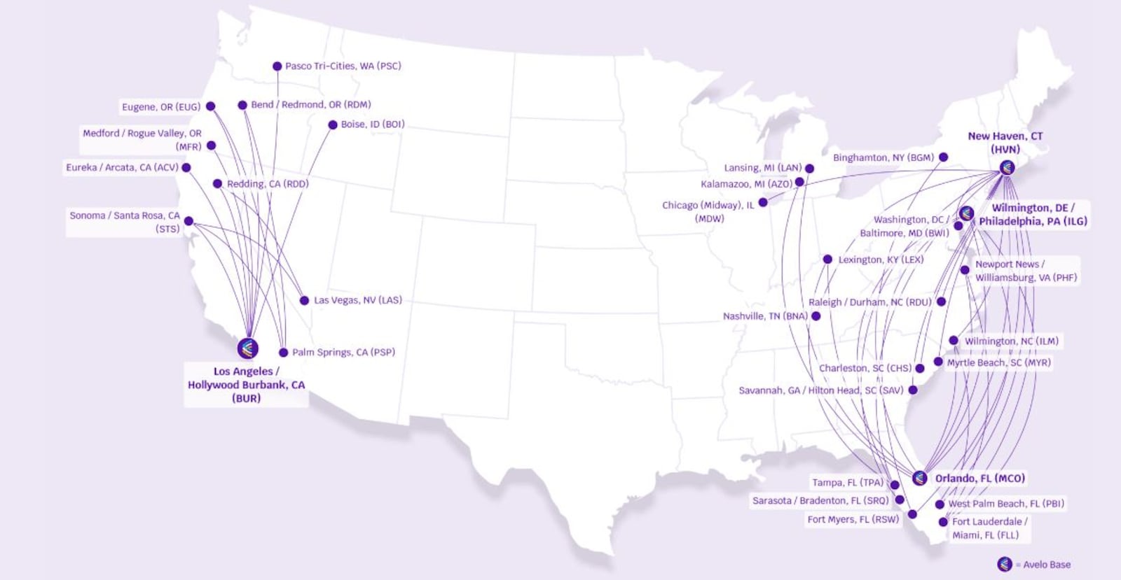 A map showing Avelo's 32 current destinations. Not show is the new flight at the Dayton International Airport. CONTRIBUTED