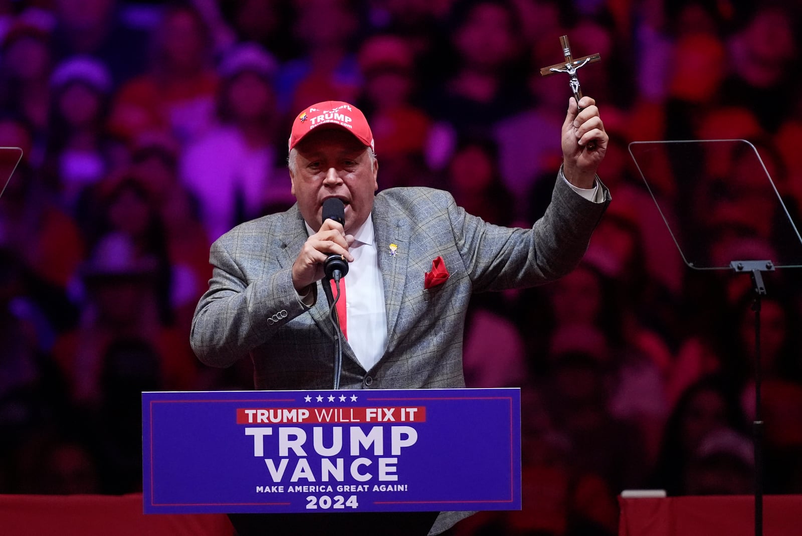 David Rem speaks before Republican presidential nominee former President Donald Trump at a campaign rally at Madison Square Garden, Sunday, Oct. 27, 2024, in New York. (AP Photo/Evan Vucci)