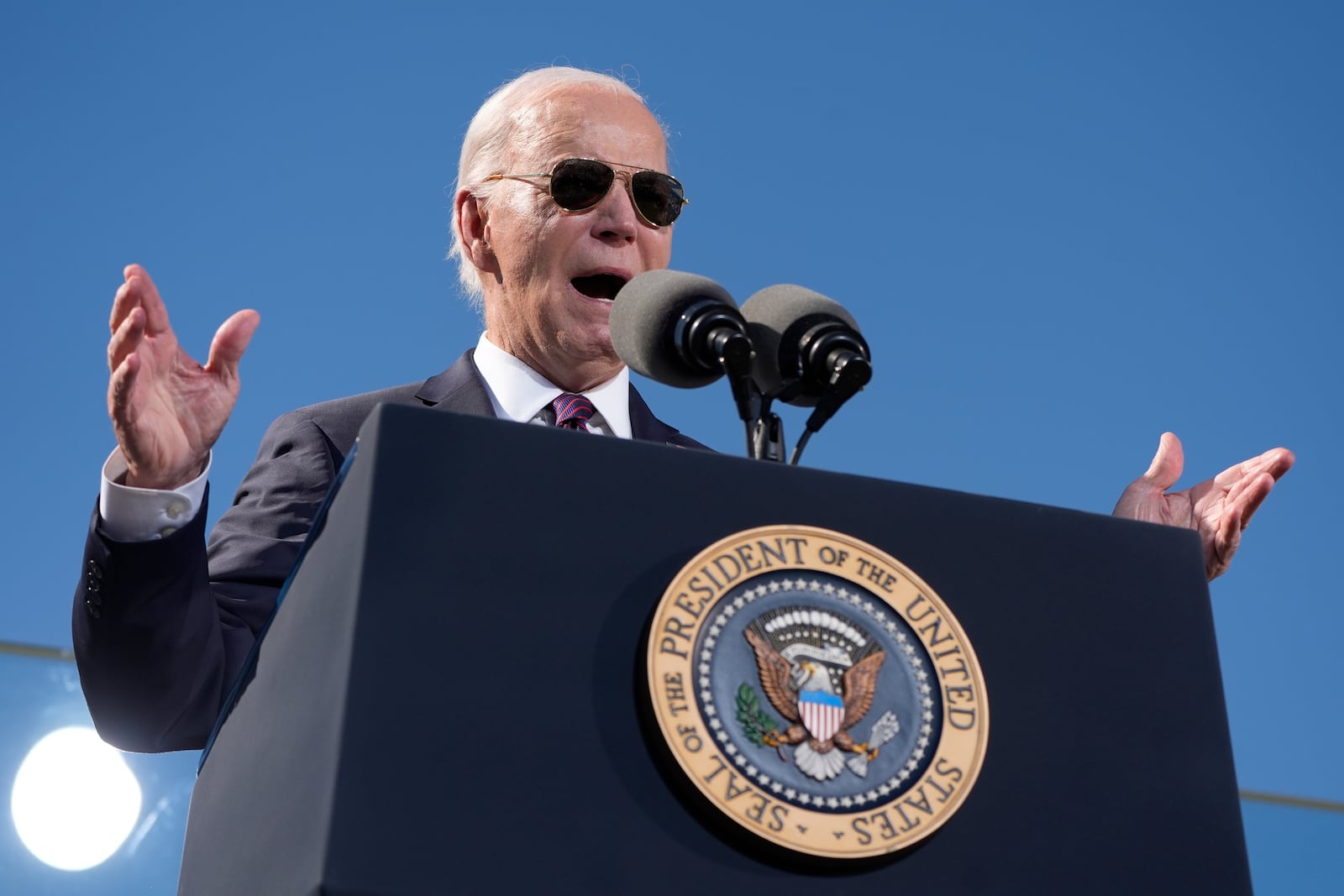 President Joe Biden speaks at the Gila Crossing Community School in the Gila River Indian Community reservation in Laveen, Ariz., Friday, Oct. 25, 2024. (AP Photo/Manuel Balce Ceneta)