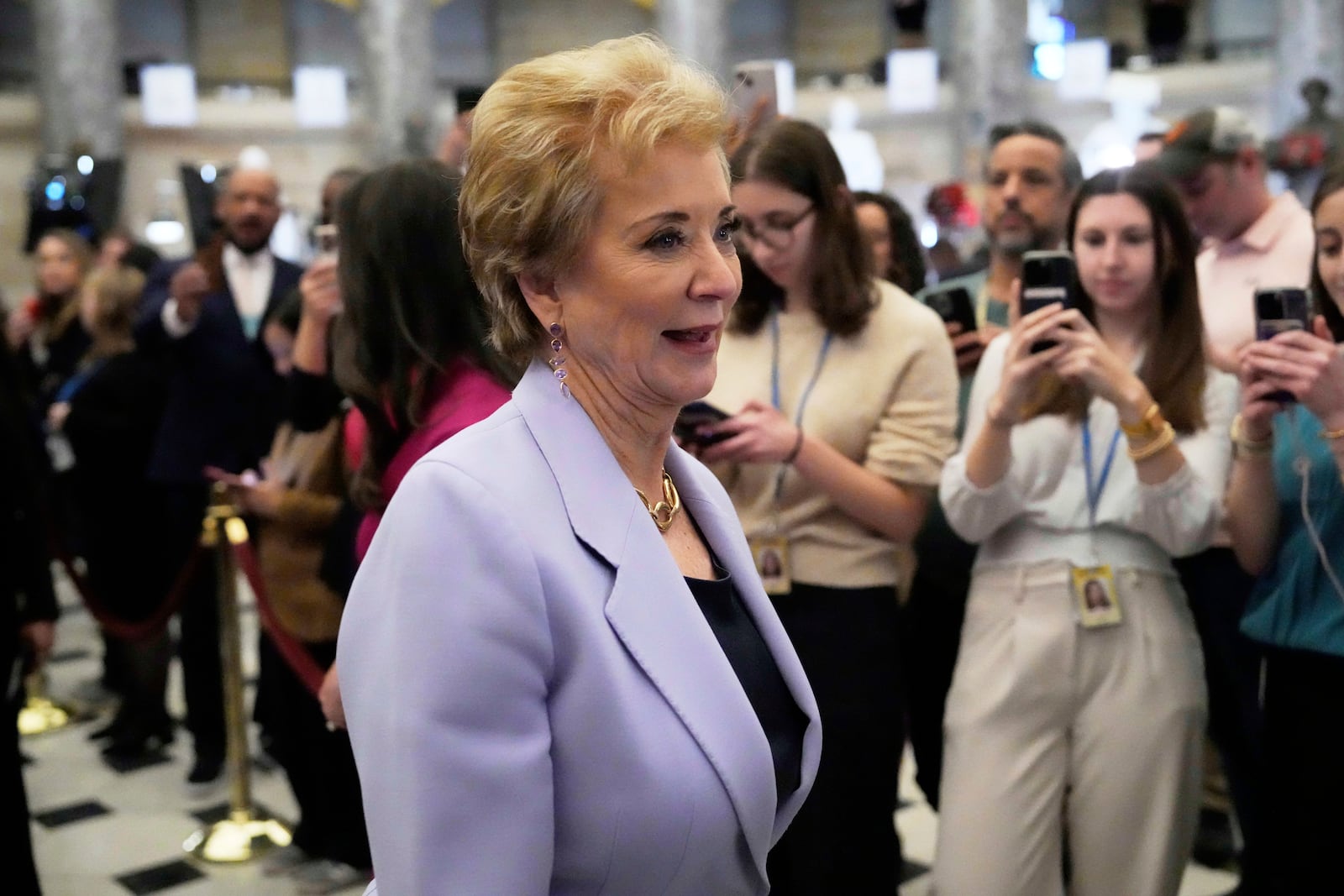 Education Secretary Linda McMahon arrives before President Donald Trump addresses a joint session of Congress at the Capitol in Washington, Tuesday, March 4, 2025. (AP Photo/Ben Curtis)