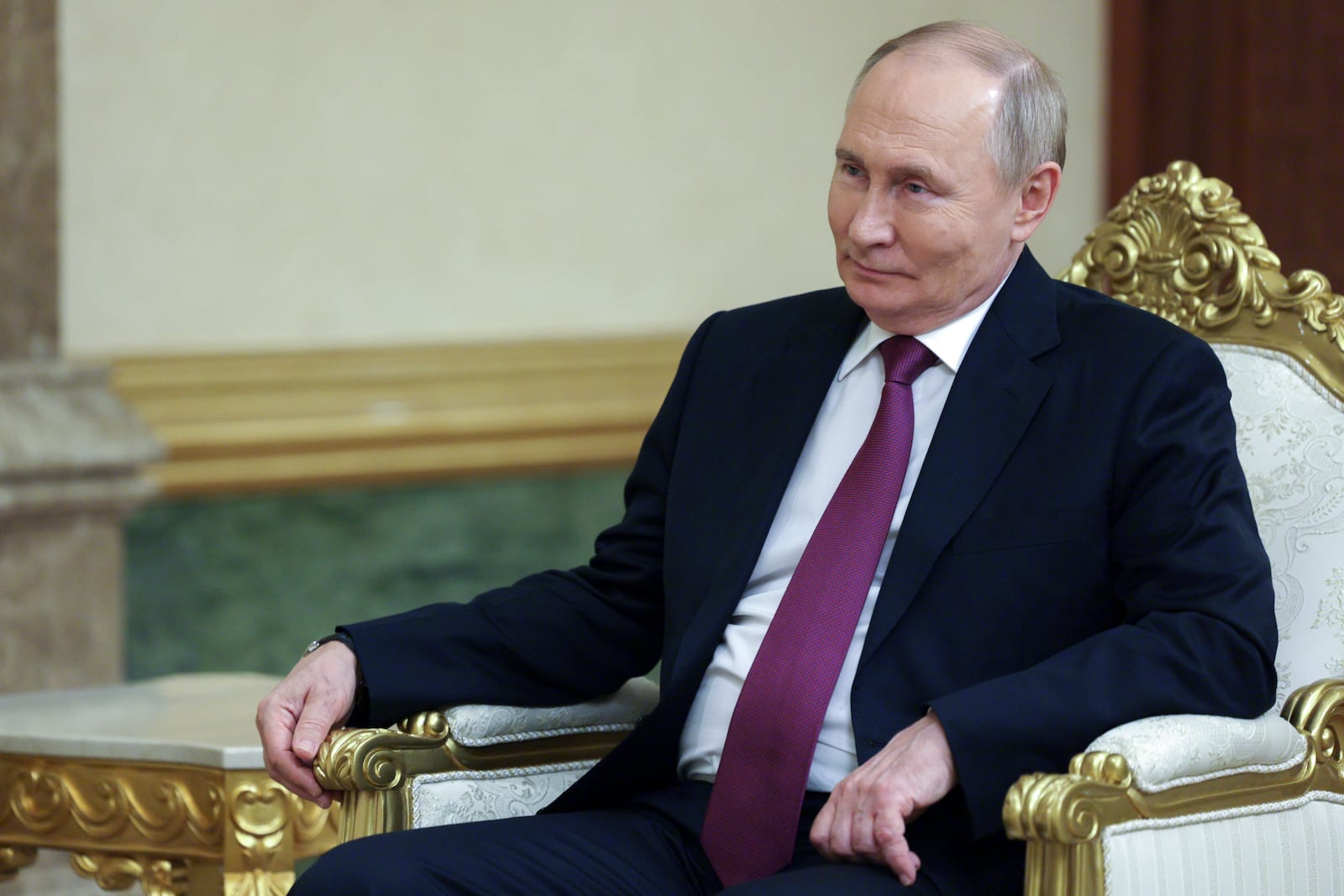 Russian President Vladimir Putin listens to Chairman of the People's Council of Turkmenistan Gurbanguly Berdymukhamedov during their meeting on the sidelines of the International Forum "The Interconnection of Times and Civilizations – the basis of peace and development" dedicated to the 300th anniversary of the birth of the outstanding Turkmen poet and thinker Magtymguly Fragi in Ashgabat, Turkmenistan, Friday, Oct. 11, 2024. (Gavriil Grigorov, Sputnik, Kremlin Pool Photo via AP)