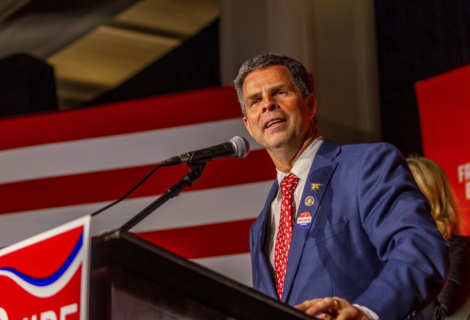 FILE - Virginia state Sen. John McGuire, a candidate in the Republican primary for the state's 5th Congressional District, speaks to supporters in Lynchburg, Va., June 18, 2024. (AP Photo/Skip Rowland, File)