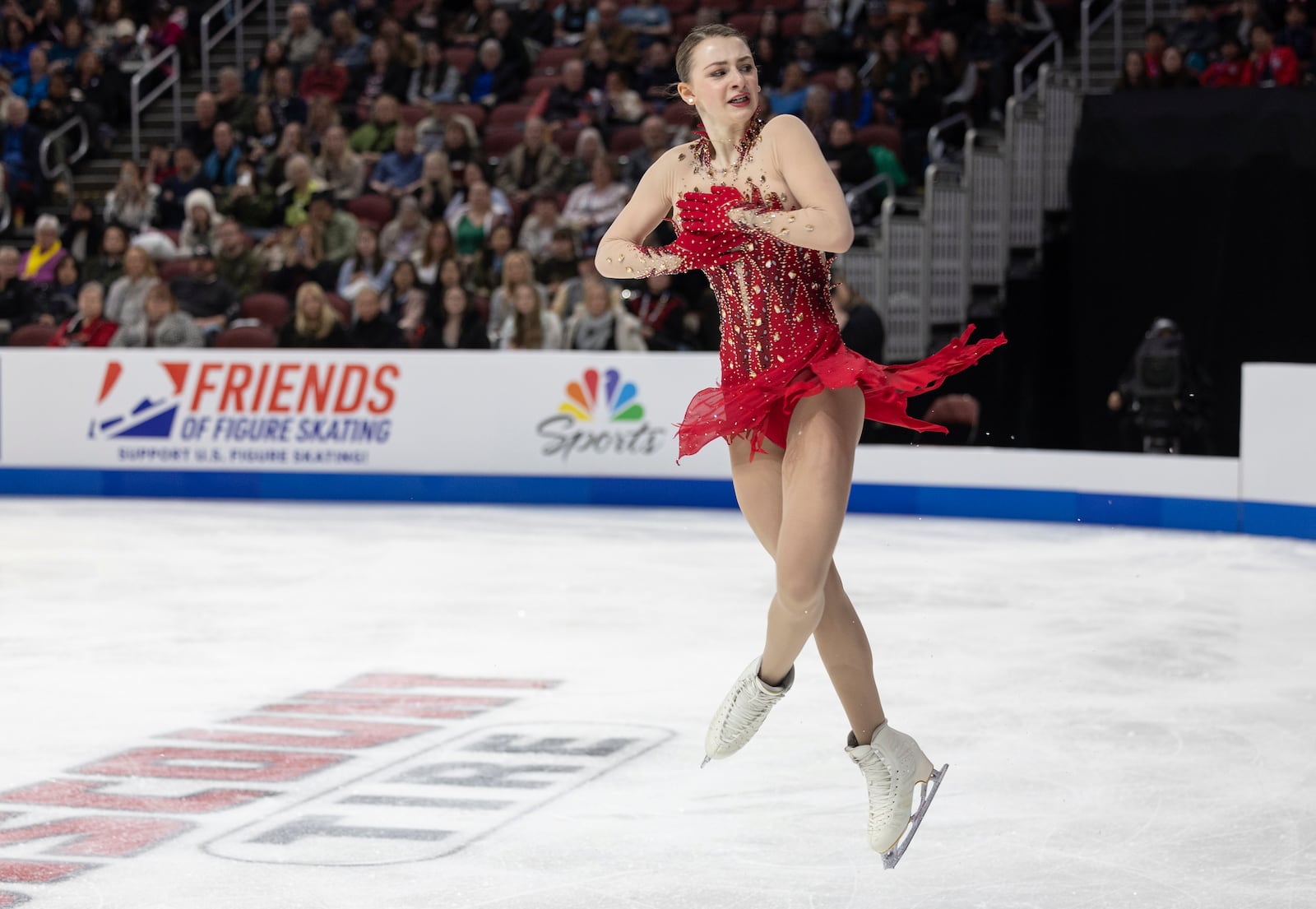 Sarah Everhardt performs during the women's free skate competition at the U.S. figure skating championships Friday, Jan. 24, 2025, in Wichita, Kan. (AP Photo/Travis Heying)